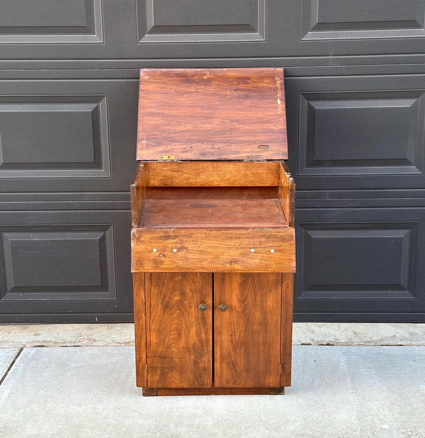Antique Early 1900's Solid Cherry Wood Lift Top Side Cabinet