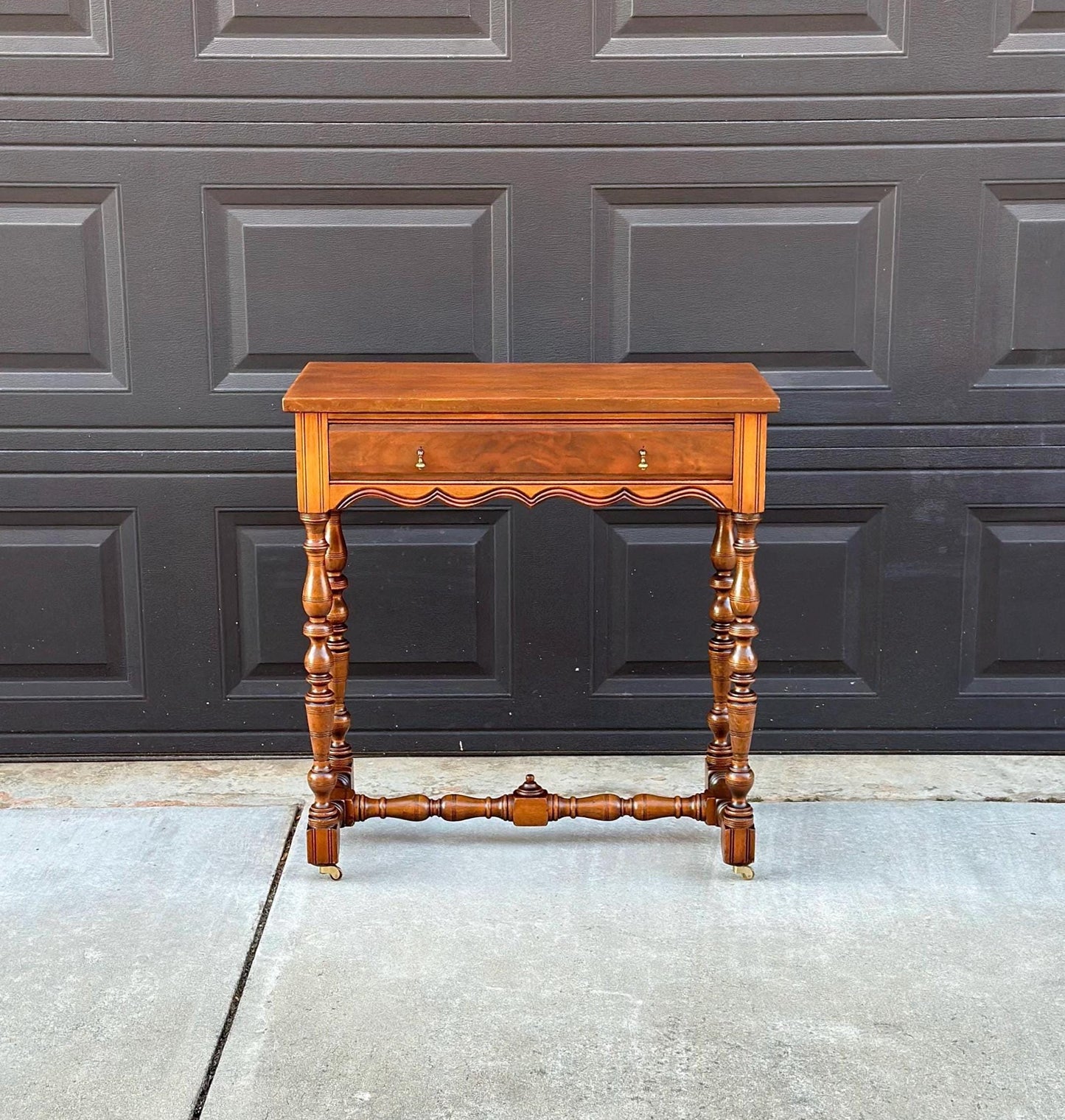 Antique Early 1900's Single Drawer Turned Leg Mahogany & Walnut Wood Accent Table on Casters