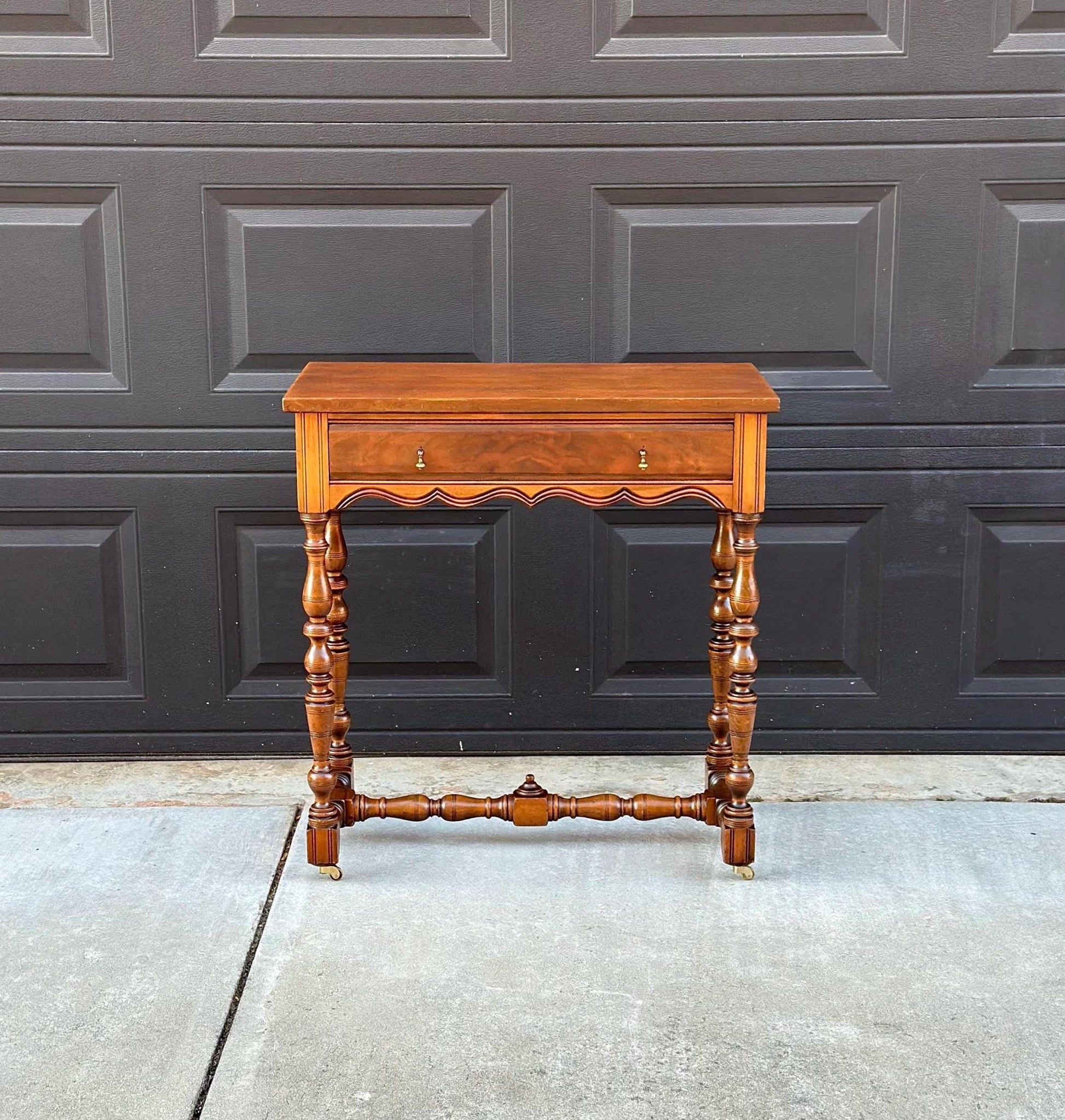 Antique Early 1900's Single Drawer Turned Leg Mahogany & Walnut Wood Accent Table on Casters