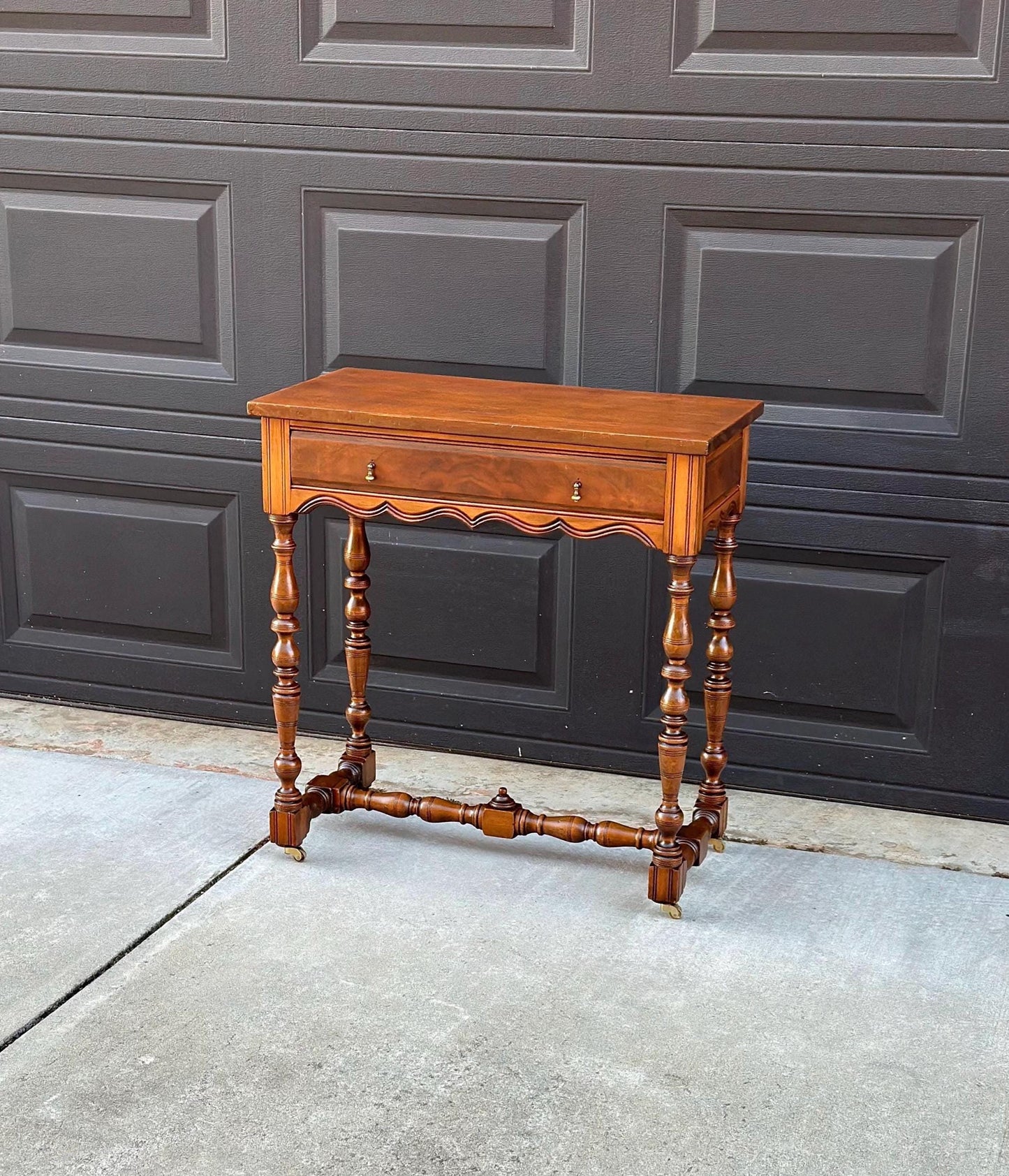 Antique Early 1900's Single Drawer Turned Leg Mahogany & Walnut Wood Accent Table on Casters