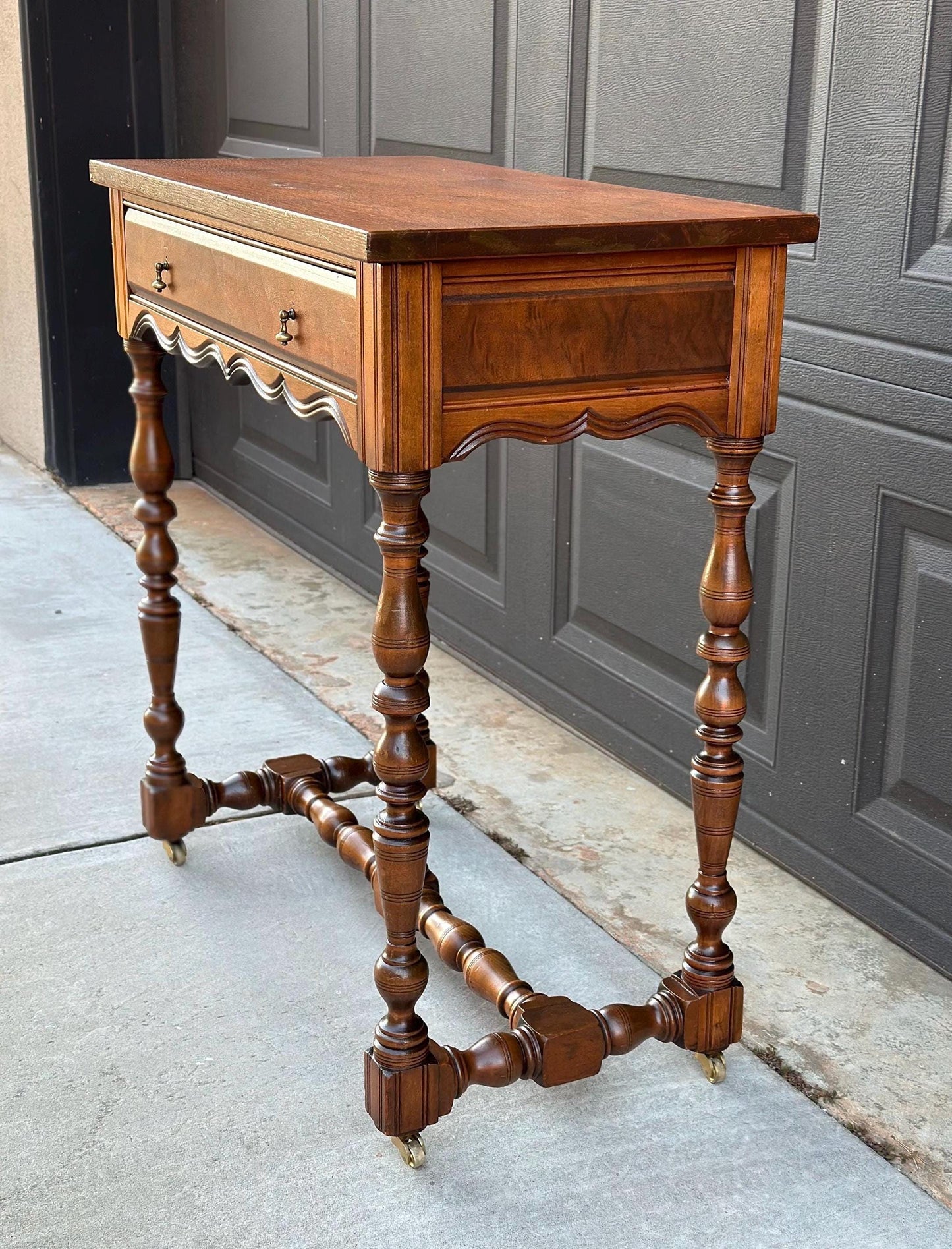 Antique Early 1900's Single Drawer Turned Leg Mahogany & Walnut Wood Accent Table on Casters