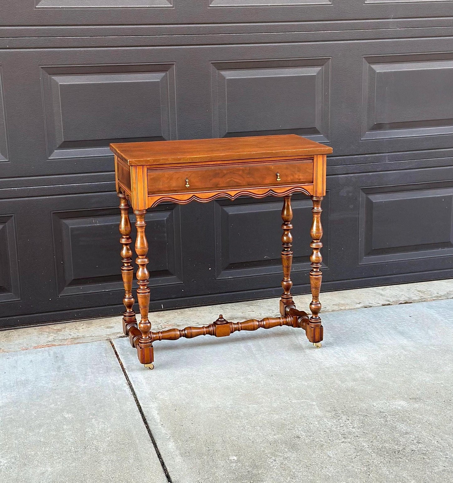 Antique Early 1900's Single Drawer Turned Leg Mahogany & Walnut Wood Accent Table on Casters