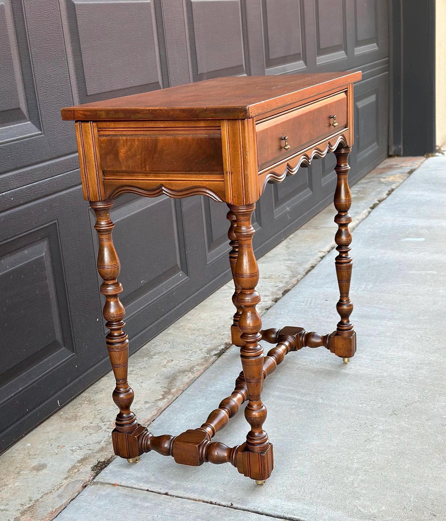 Antique Early 1900's Single Drawer Turned Leg Mahogany & Walnut Wood Accent Table on Casters