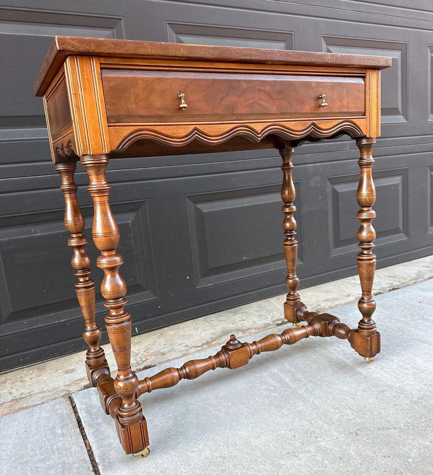 Antique Early 1900's Single Drawer Turned Leg Mahogany & Walnut Wood Accent Table on Casters
