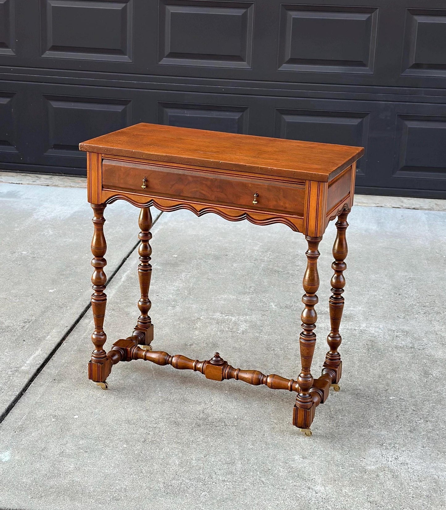 Antique Early 1900's Single Drawer Turned Leg Mahogany & Walnut Wood Accent Table on Casters