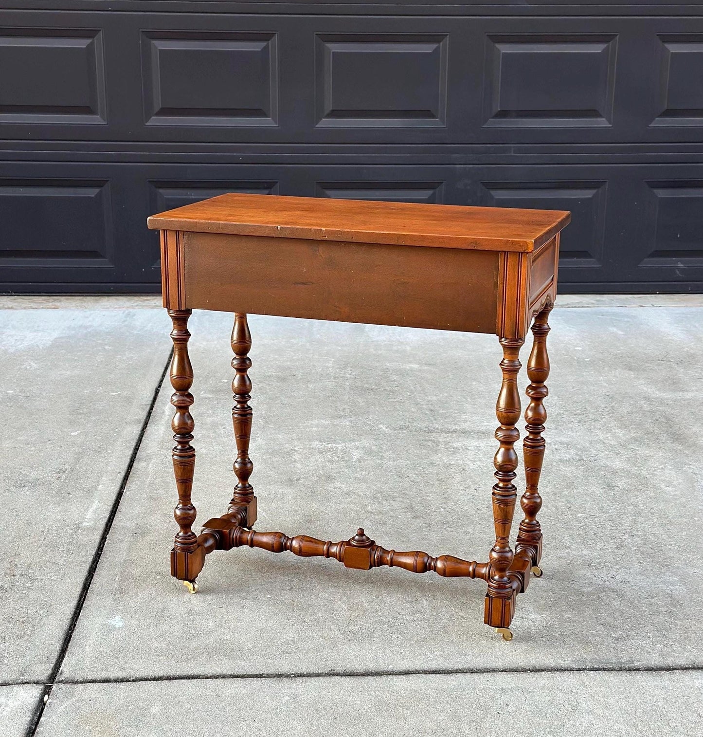 Antique Early 1900's Single Drawer Turned Leg Mahogany & Walnut Wood Accent Table on Casters