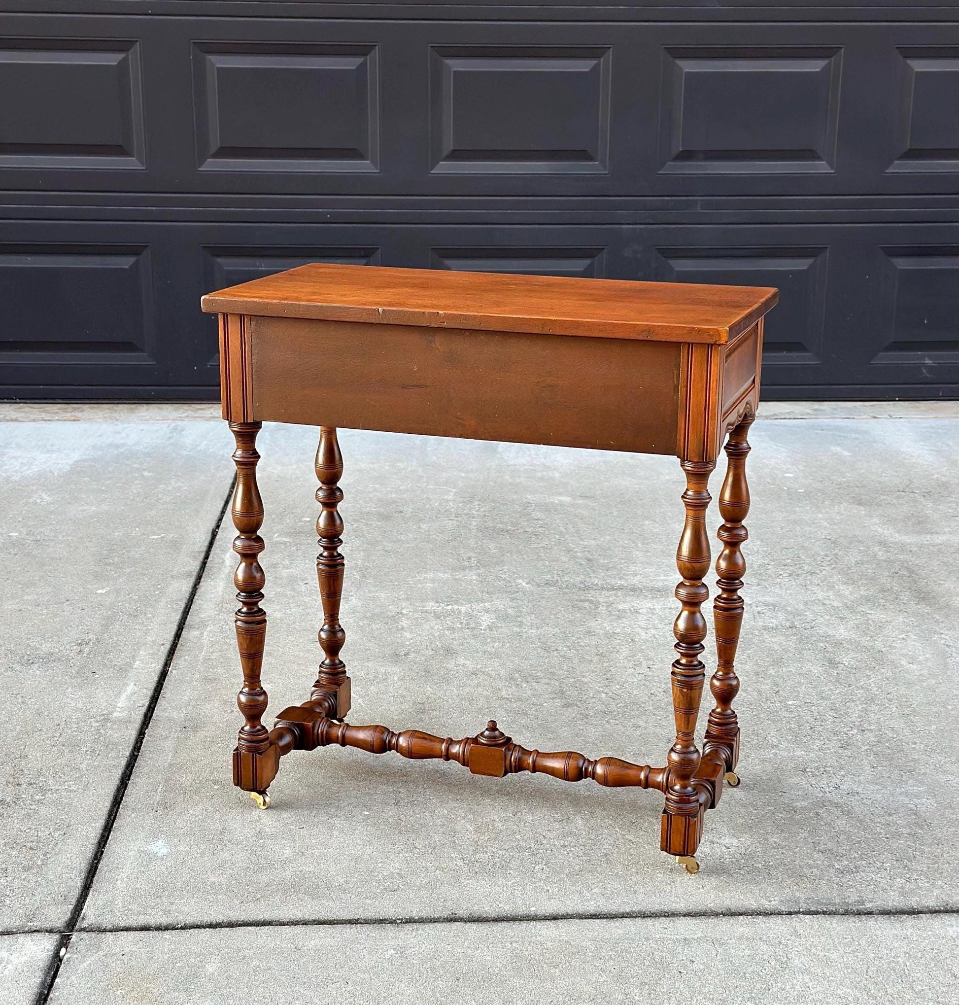 Antique Early 1900's Single Drawer Turned Leg Mahogany & Walnut Wood Accent Table on Casters