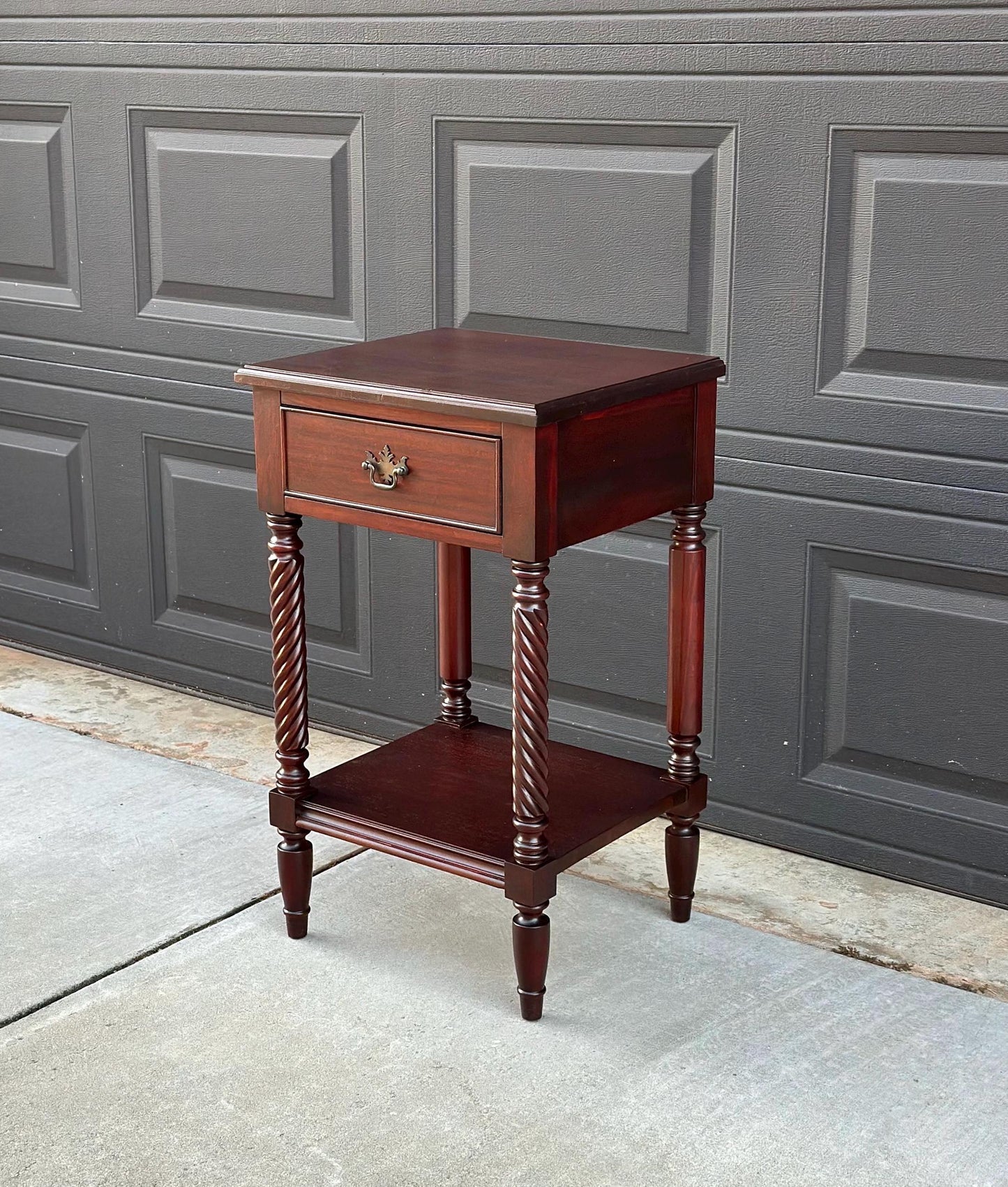 Vintage Mid 1900's Mahogany Wood Turned Leg Single Drawer Side Table