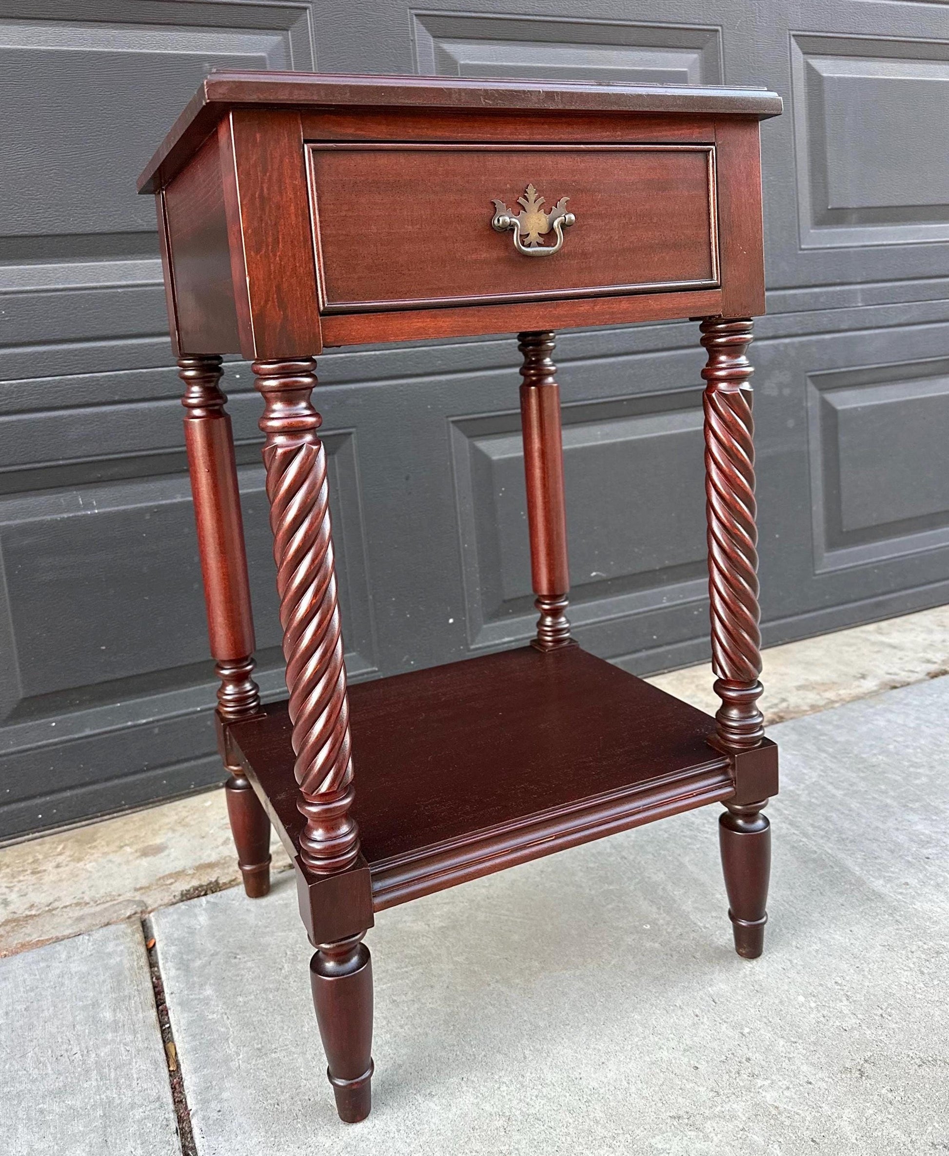 Vintage Mid 1900's Mahogany Wood Turned Leg Single Drawer Side Table