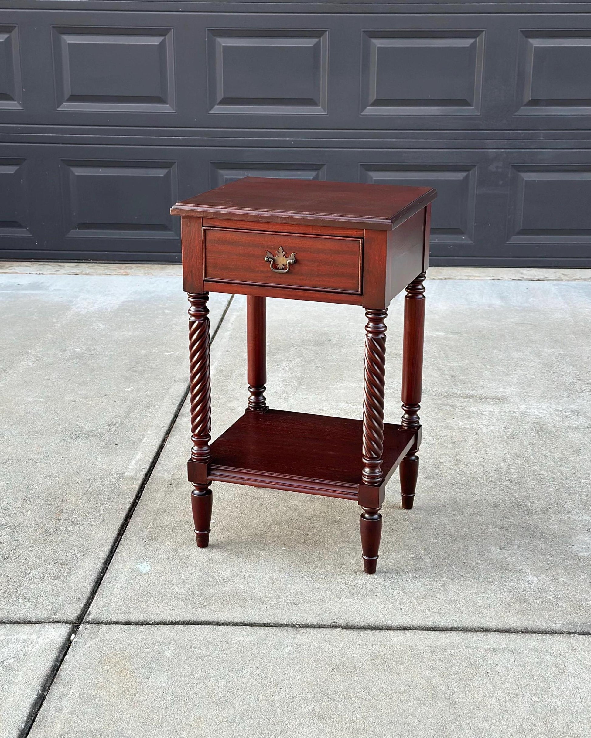 Vintage Mid 1900's Mahogany Wood Turned Leg Single Drawer Side Table