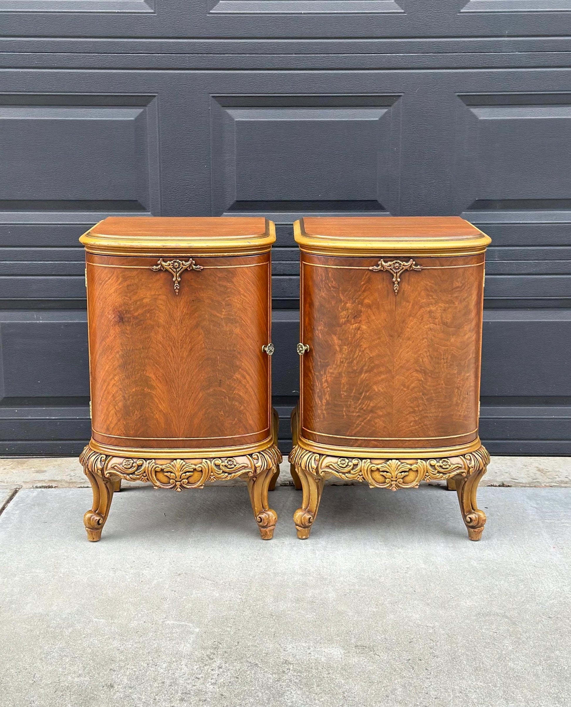 Antique Early 1900's Bookmatched Walnut & Mahogany French Bedside Chests - a Pair