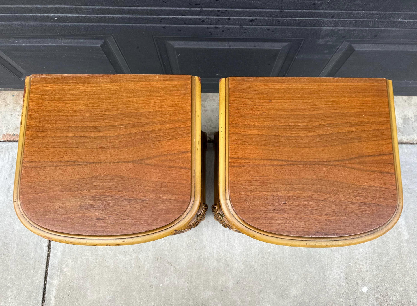 Antique Early 1900's Bookmatched Walnut & Mahogany French Bedside Chests - a Pair