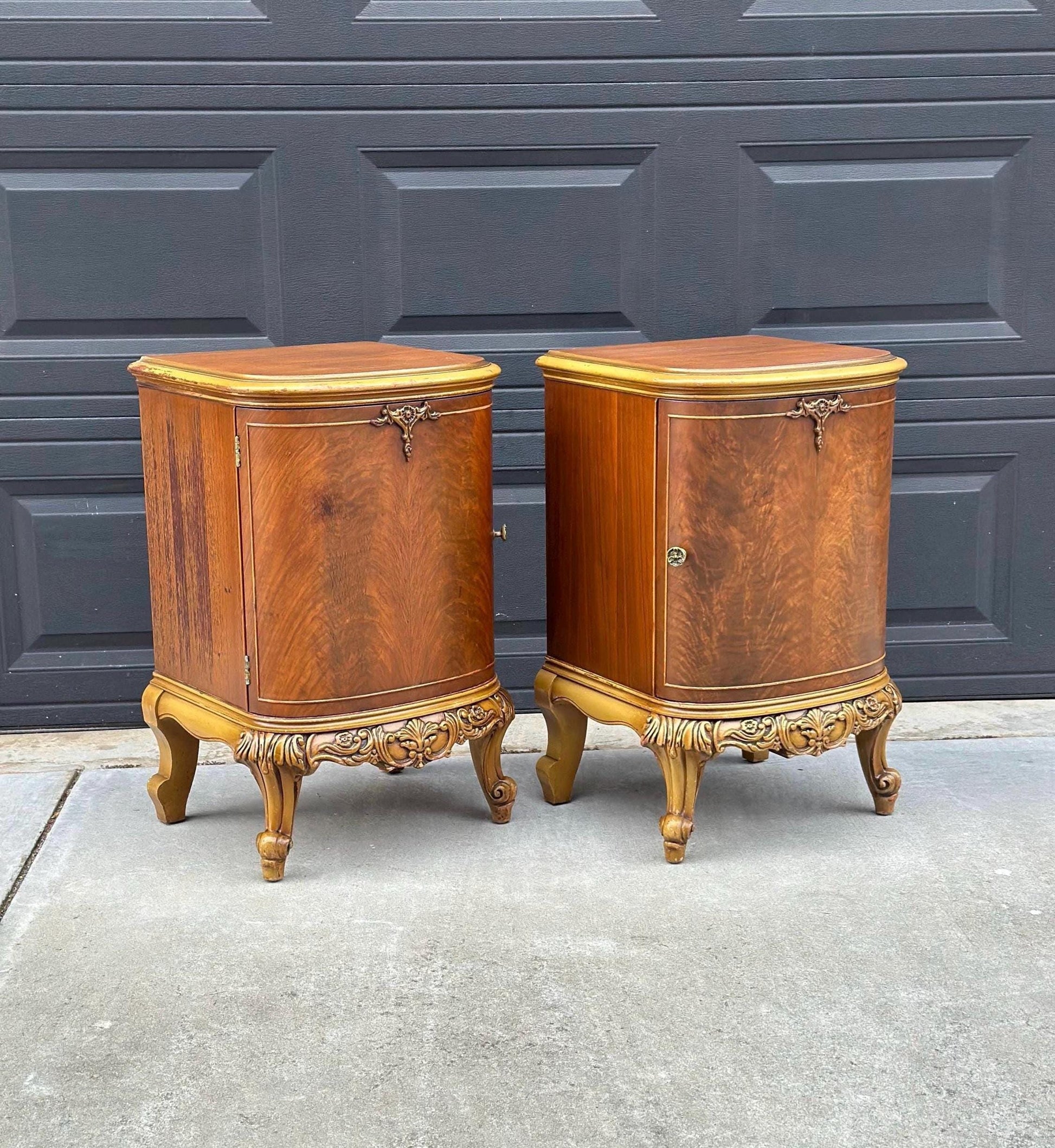 Antique Early 1900's Bookmatched Walnut & Mahogany French Bedside Chests - a Pair