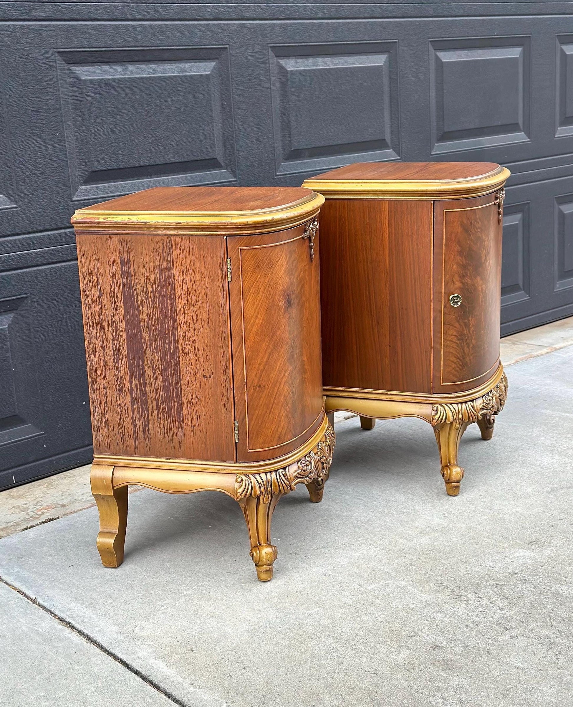 Antique Early 1900's Bookmatched Walnut & Mahogany French Bedside Chests - a Pair