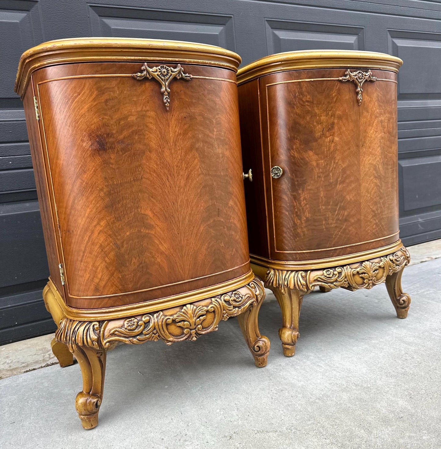 Antique Early 1900's Bookmatched Walnut & Mahogany French Bedside Chests - a Pair