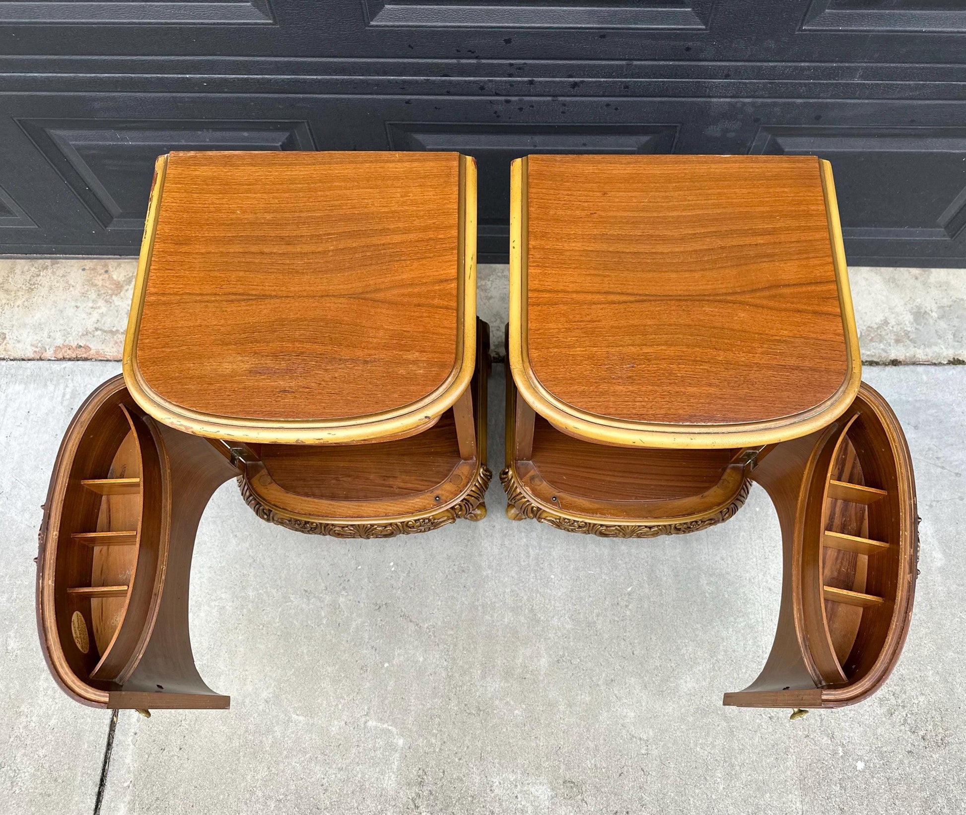 Antique Early 1900's Bookmatched Walnut & Mahogany French Bedside Chests - a Pair