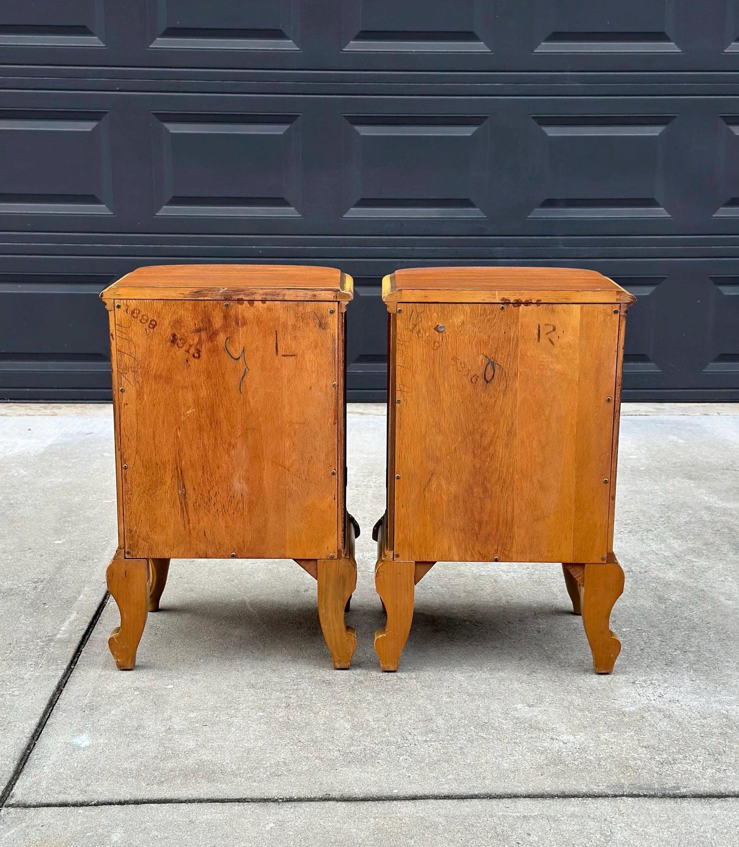 Antique Early 1900's Bookmatched Walnut & Mahogany French Bedside Chests - a Pair