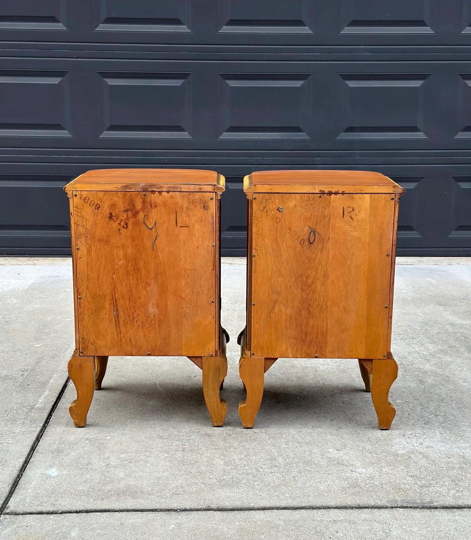 Antique Early 1900's Bookmatched Walnut & Mahogany French Bedside Chests - a Pair