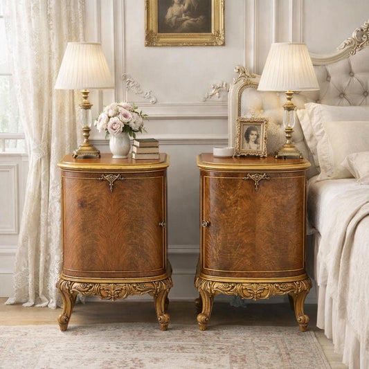 Antique Early 1900's Bookmatched Walnut & Mahogany French Bedside Chests - a Pair