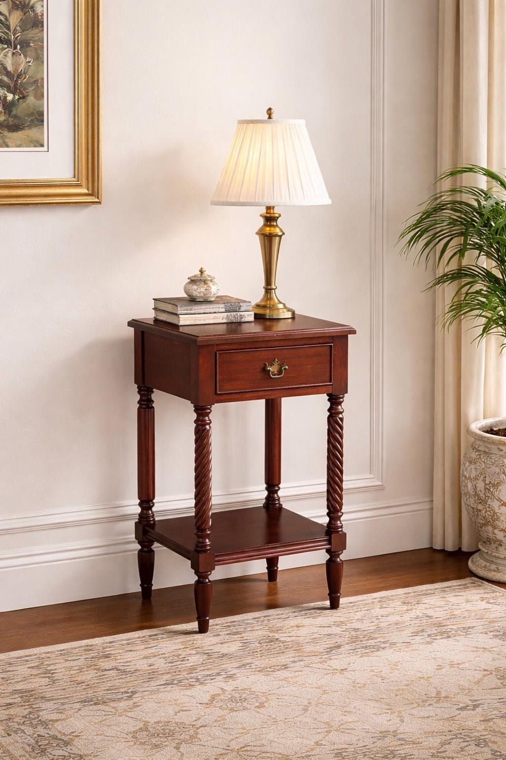 Vintage Mid 1900's Mahogany Wood Turned Leg Single Drawer Side Table