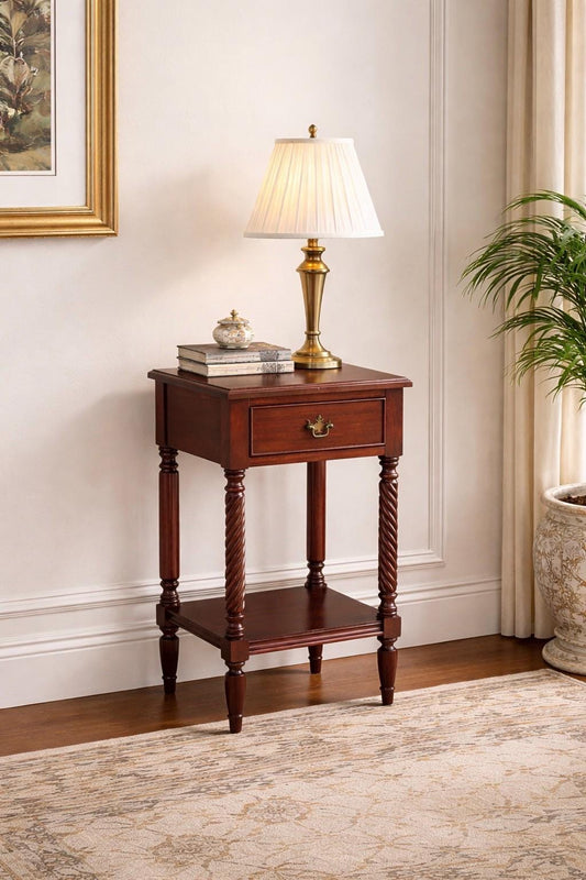 Vintage Mid 1900's Mahogany Wood Turned Leg Single Drawer Side Table