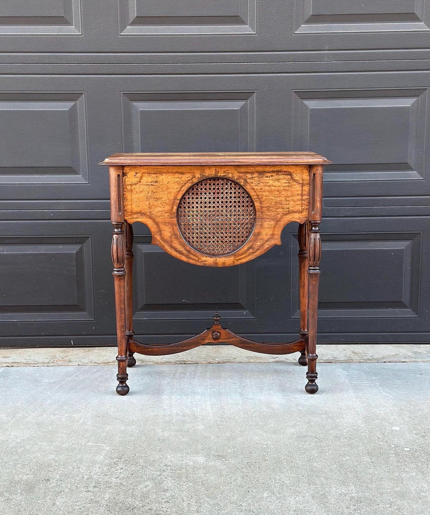 Antique Early 1900's Solid Wood Walnut & Cane Medallion English Hall Entry Table