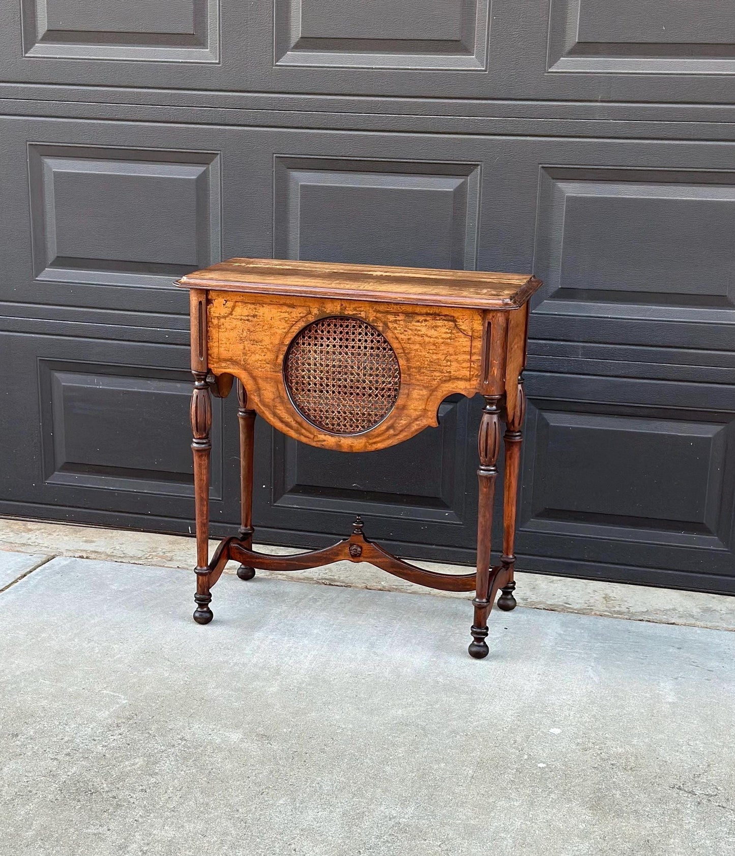 Antique Early 1900's Solid Wood Walnut & Cane Medallion English Hall Entry Table