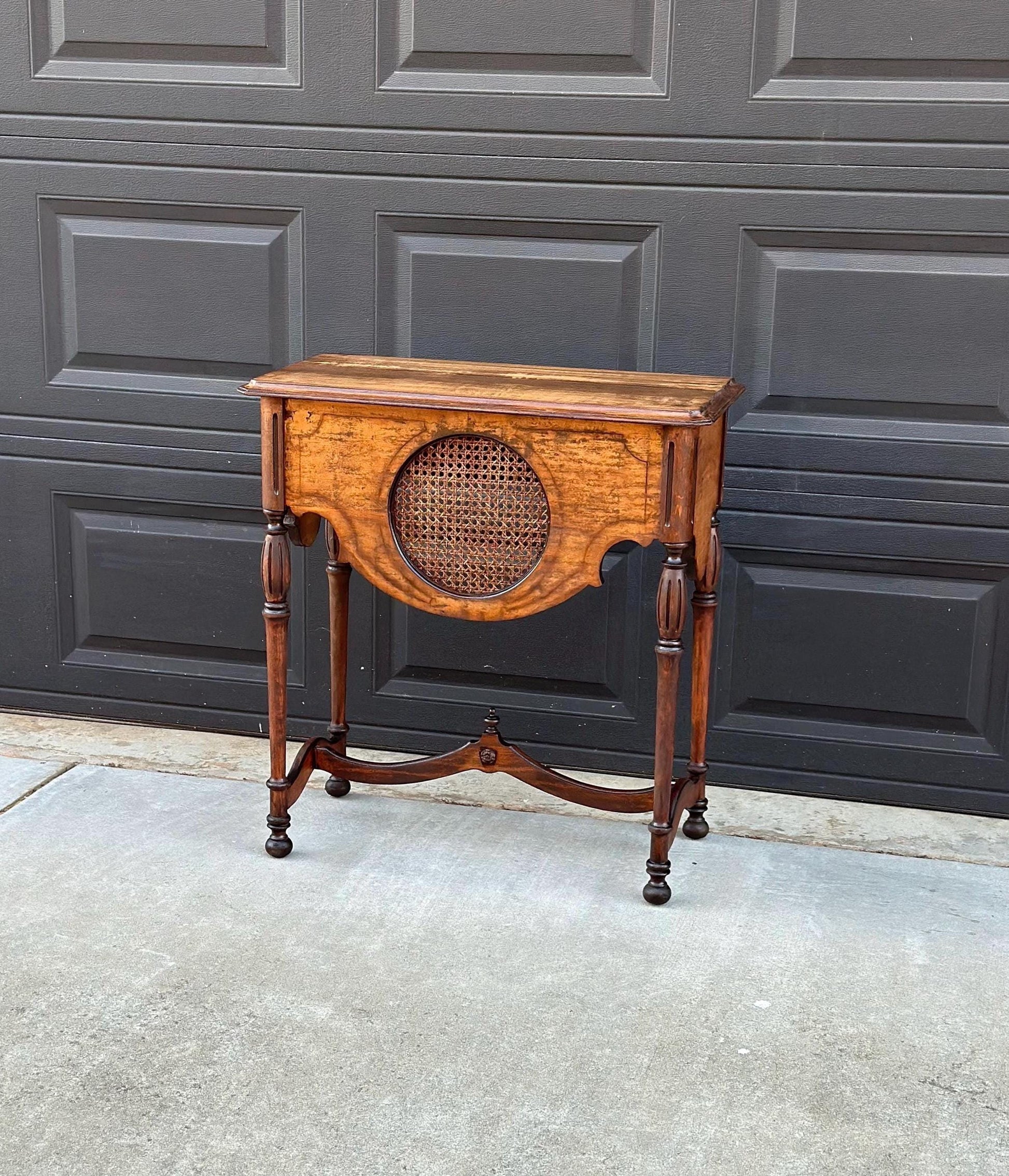 Antique Early 1900's Solid Wood Walnut & Cane Medallion English Hall Entry Table