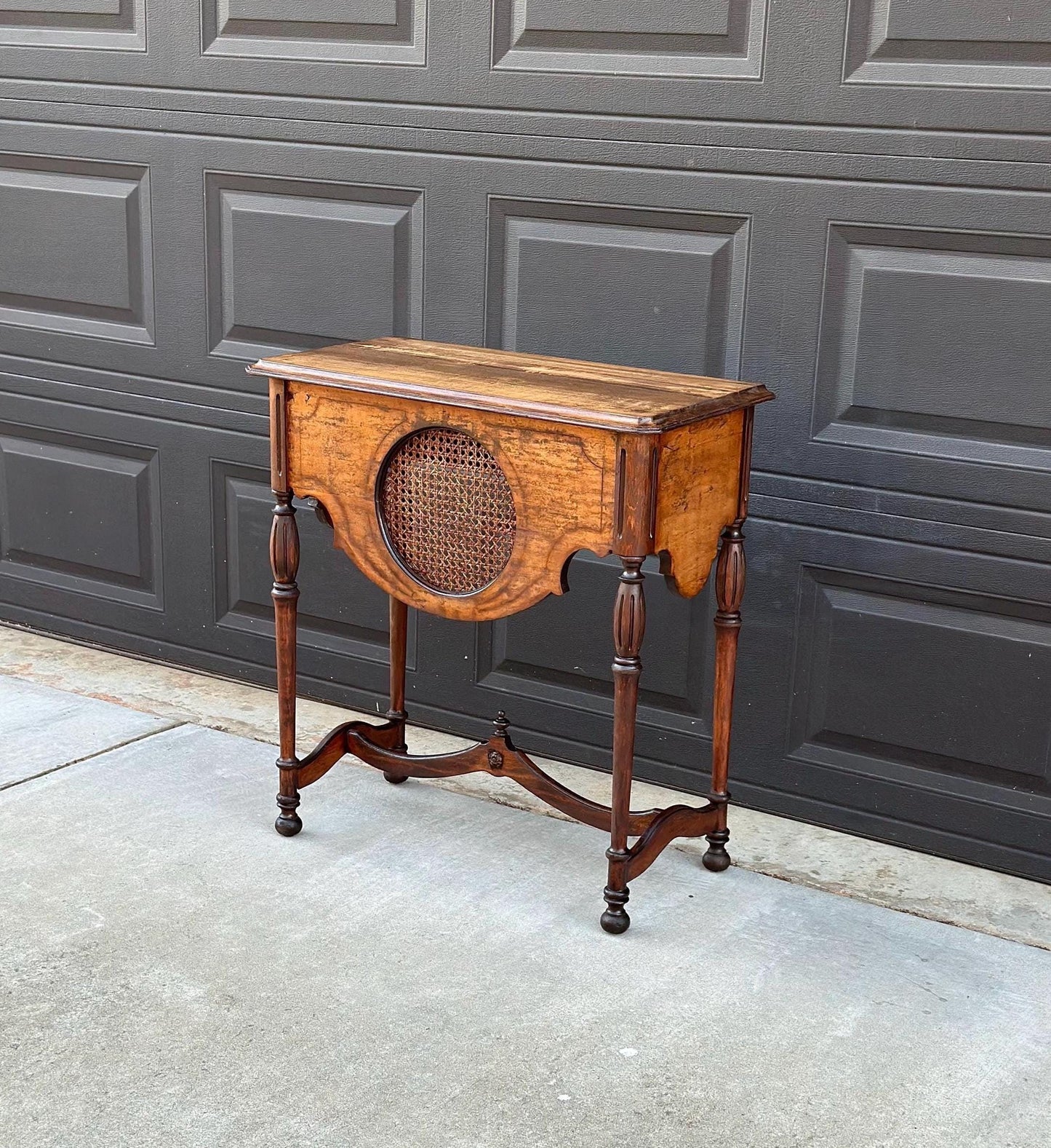 Antique Early 1900's Solid Wood Walnut & Cane Medallion English Hall Entry Table