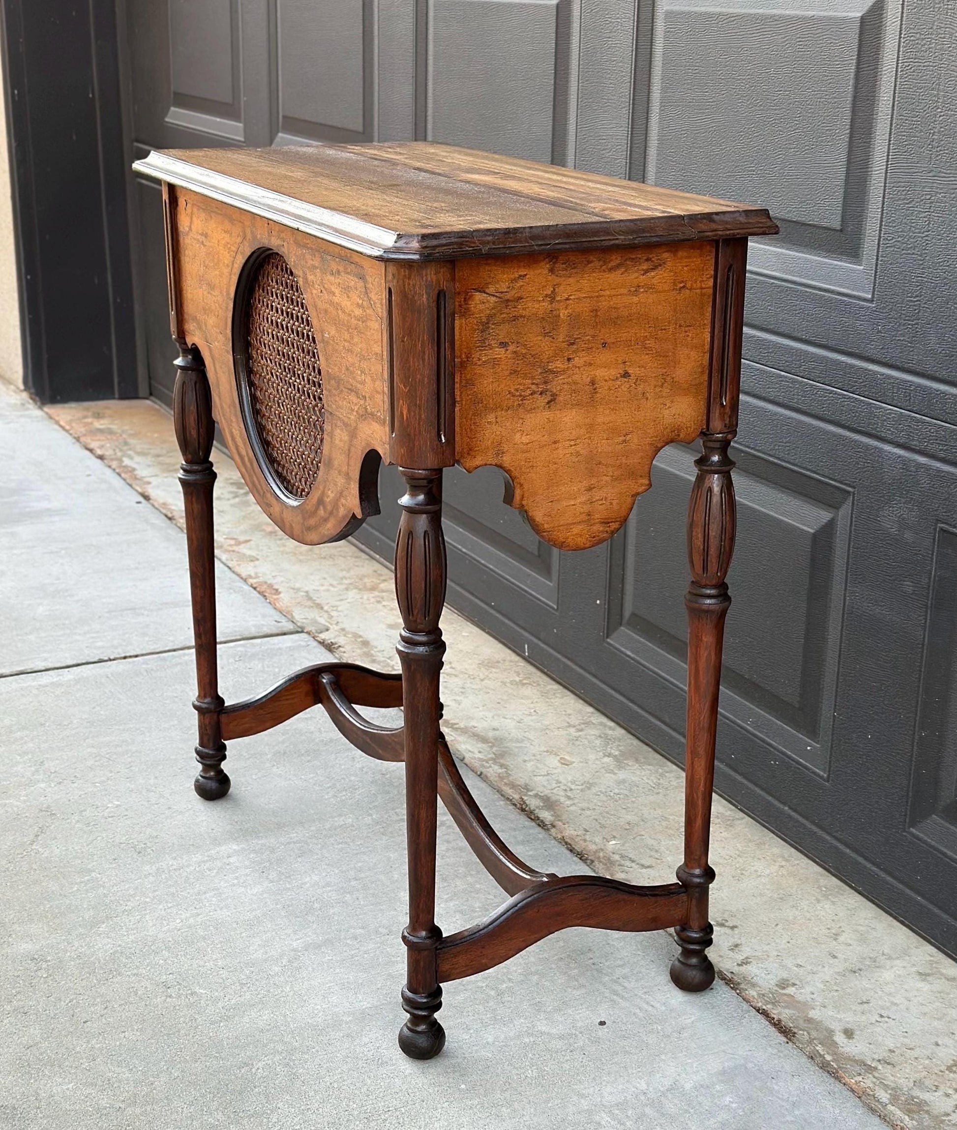 Antique Early 1900's Solid Wood Walnut & Cane Medallion English Hall Entry Table