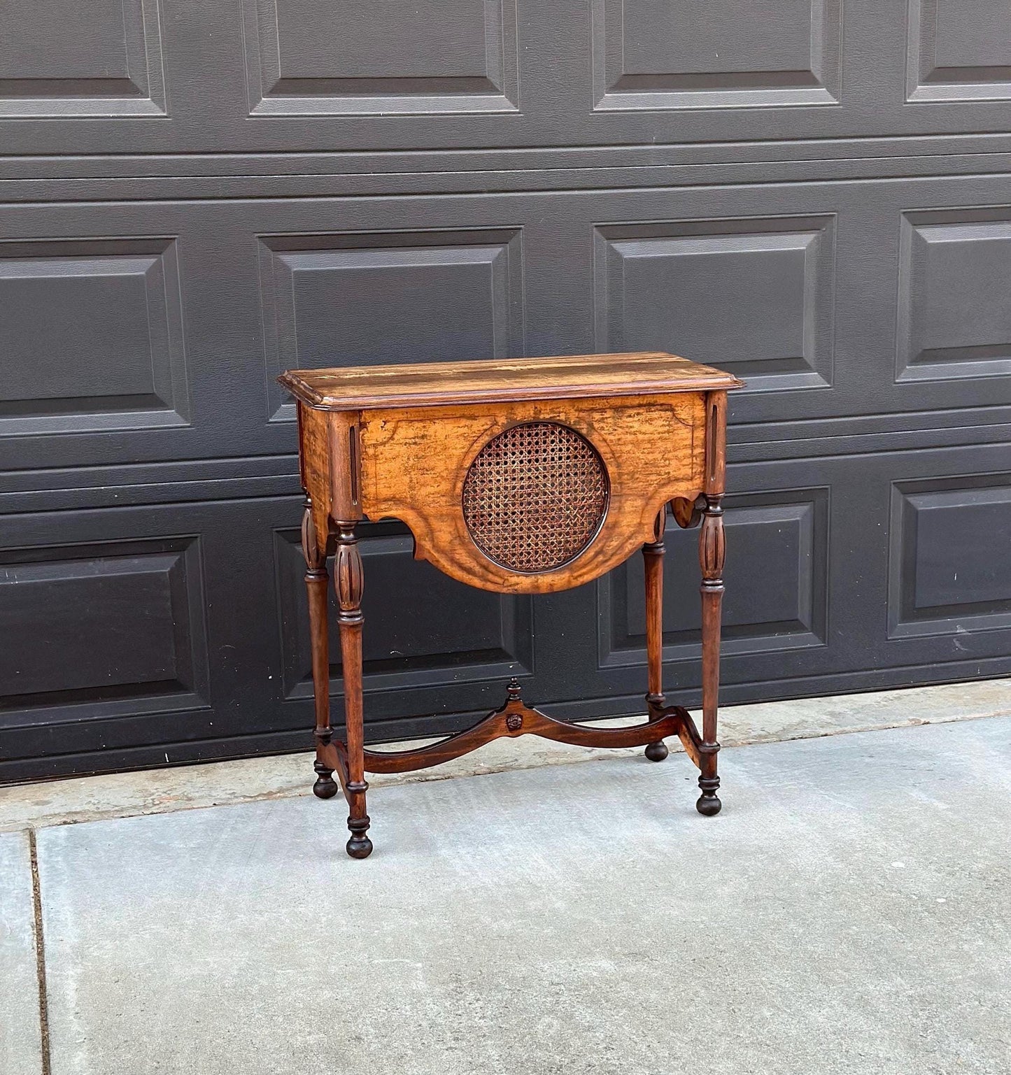 Antique Early 1900's Solid Wood Walnut & Cane Medallion English Hall Entry Table