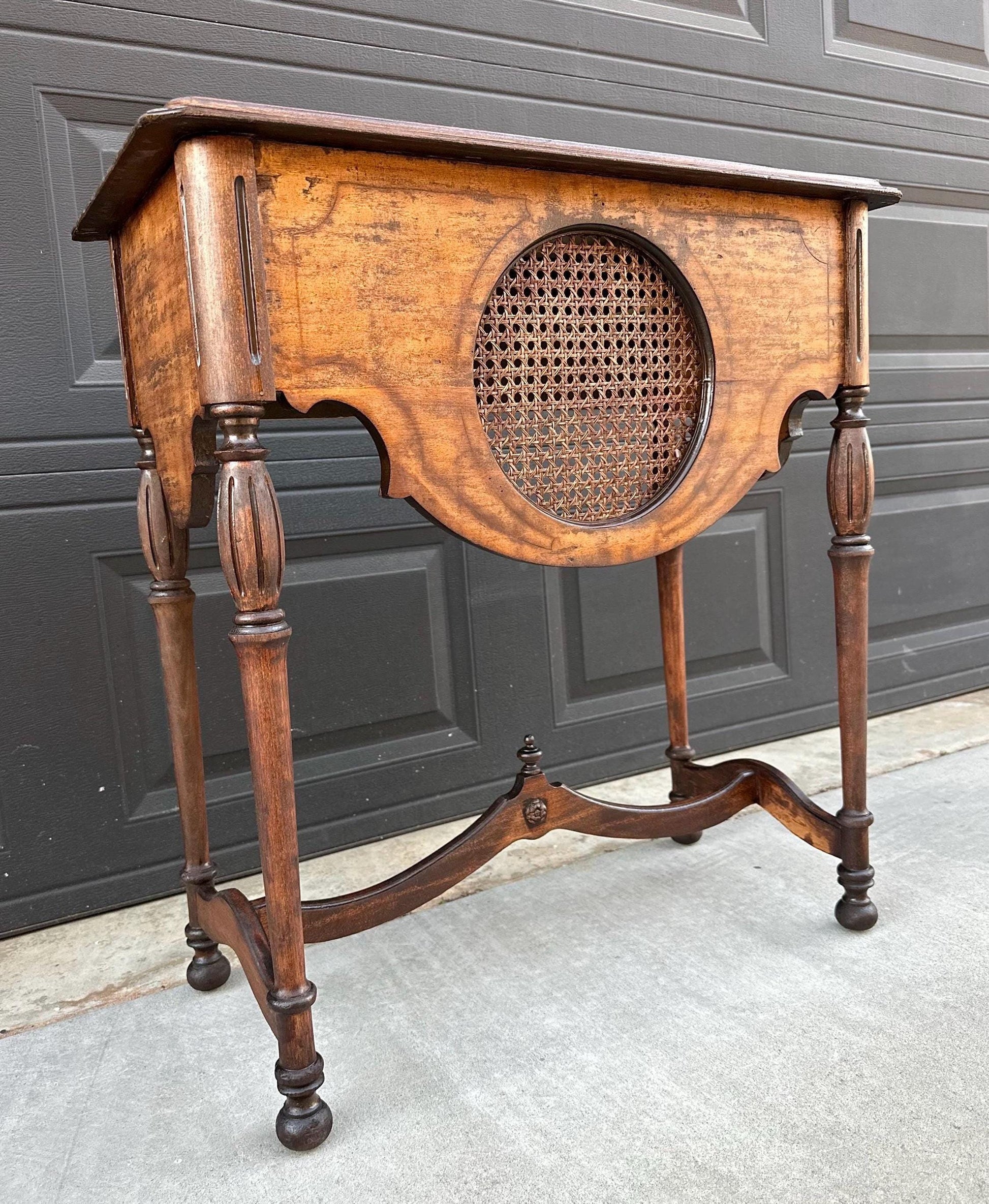 Antique Early 1900's Solid Wood Walnut & Cane Medallion English Hall Entry Table