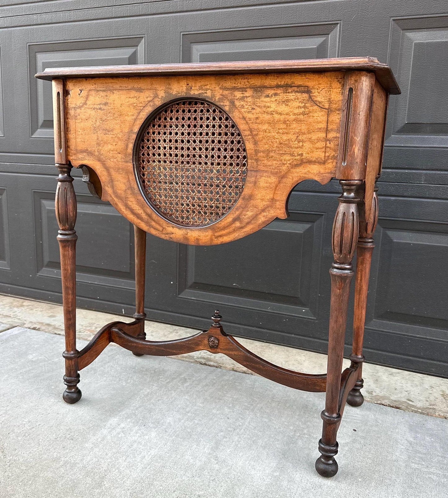 Antique Early 1900's Solid Wood Walnut & Cane Medallion English Hall Entry Table