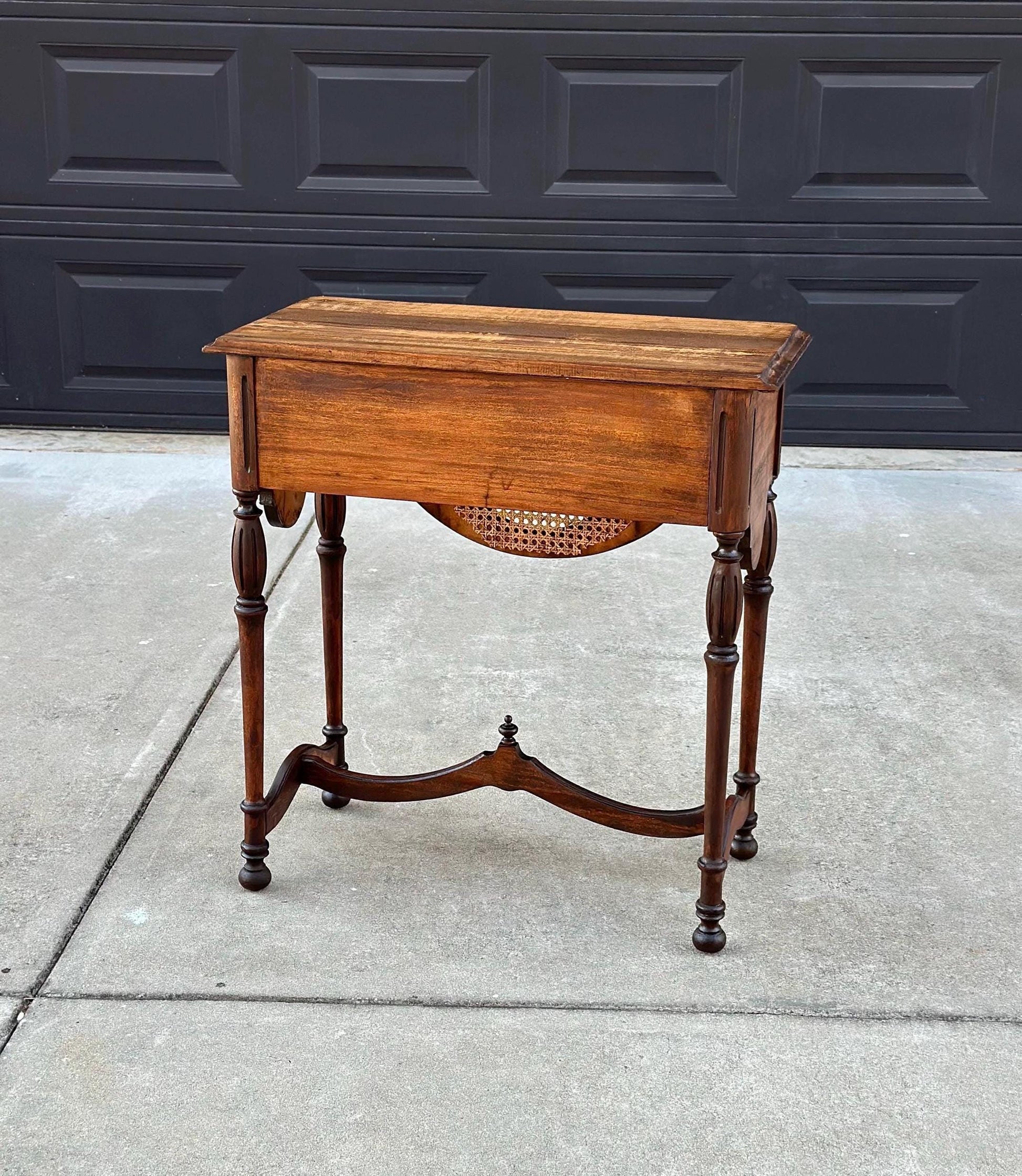 Antique Early 1900's Solid Wood Walnut & Cane Medallion English Hall Entry Table