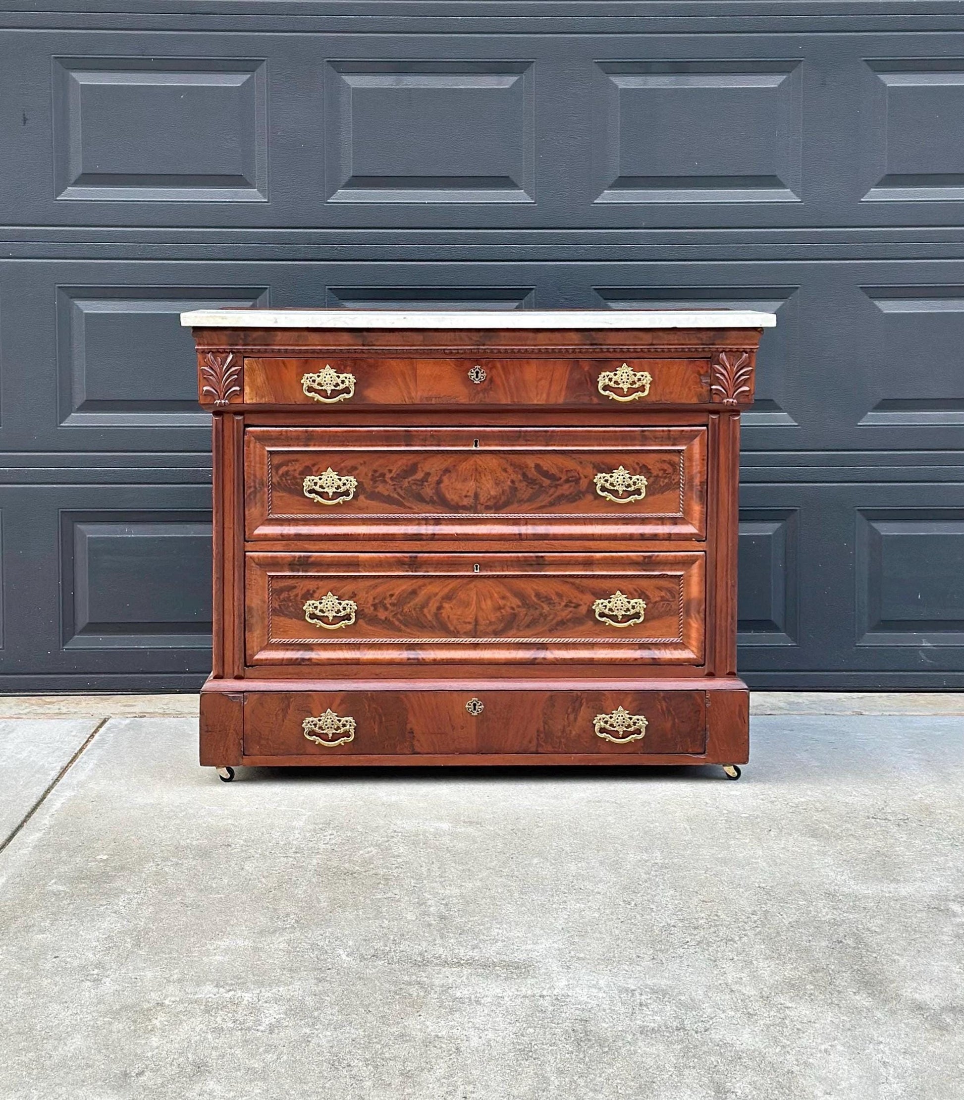 Antique Mid 1800's Crotch Mahogany Wood & White Marble Empire Chest of Drawers on Casters