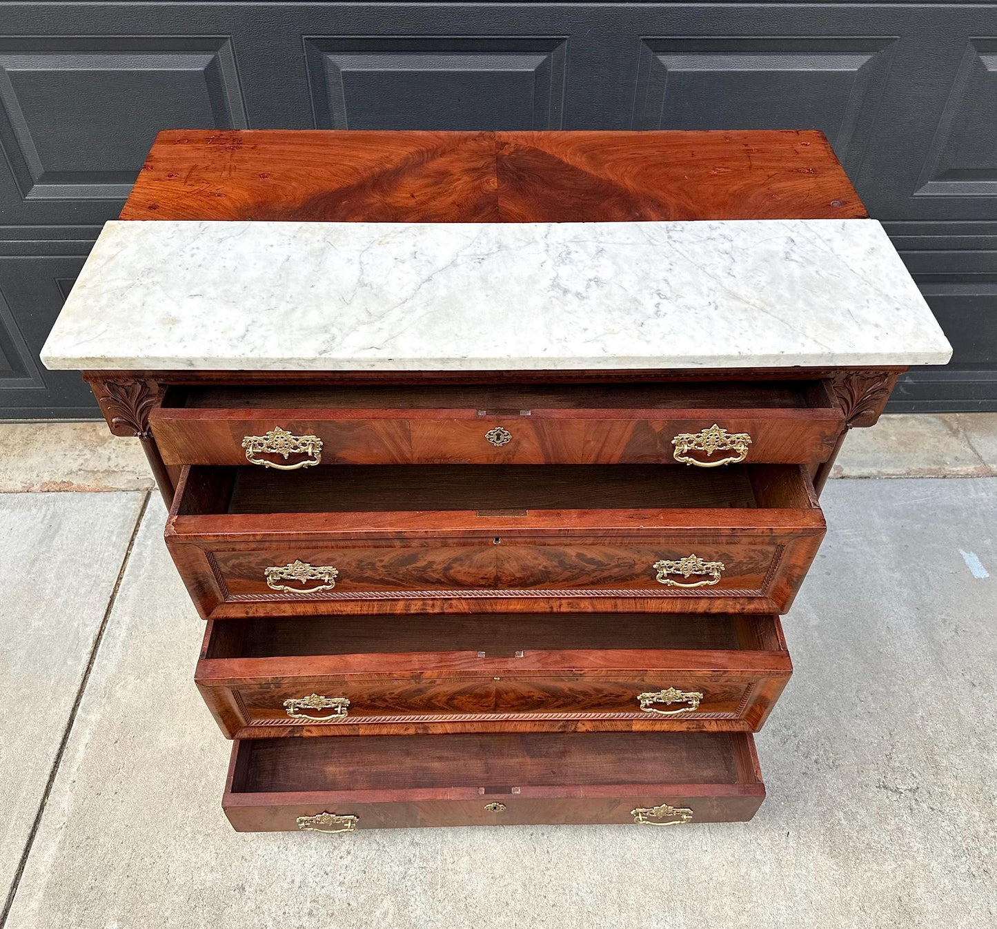 Antique Mid 1800's Crotch Mahogany Wood & White Marble Empire Chest of Drawers on Casters