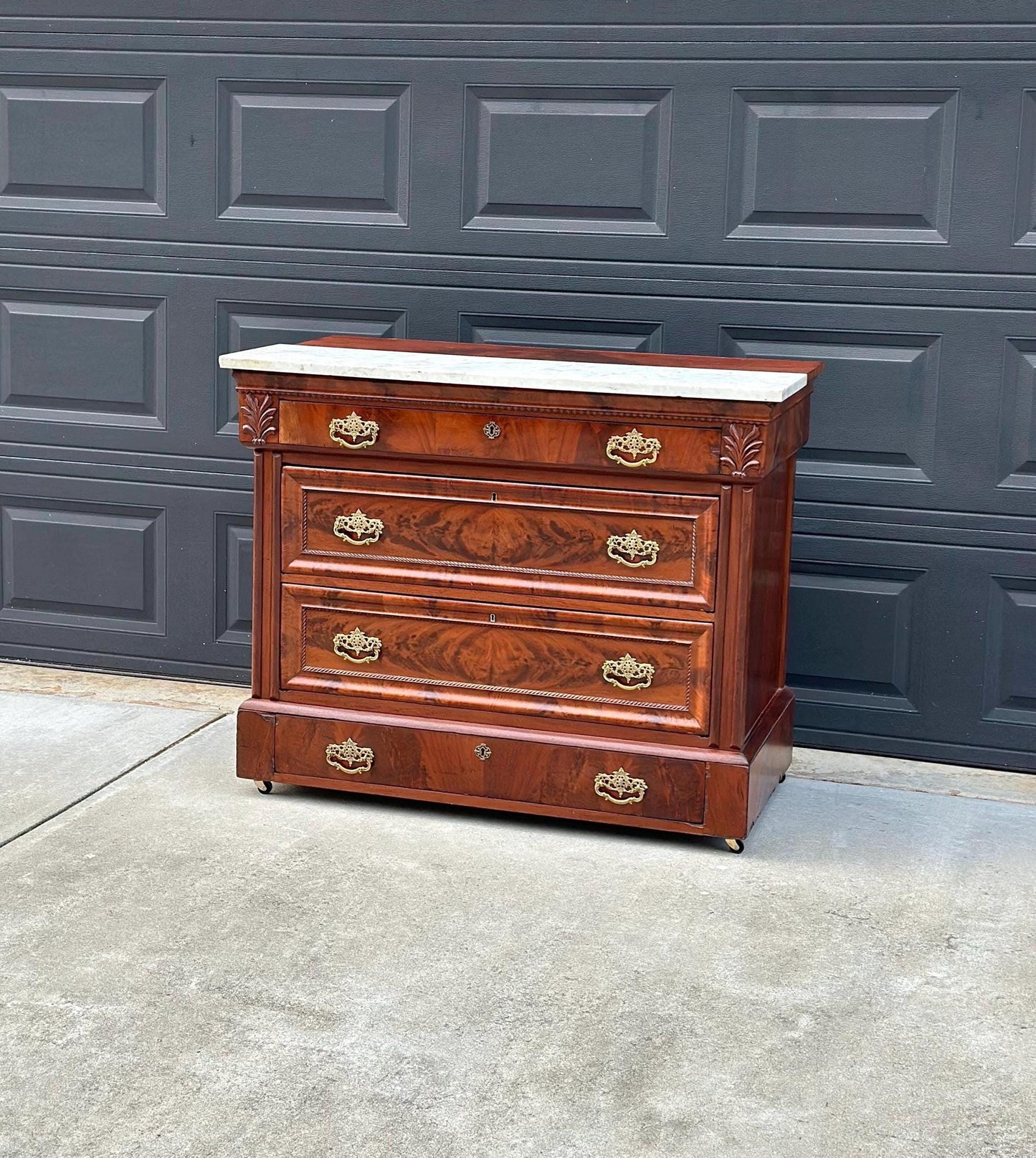 Antique Mid 1800's Crotch Mahogany Wood & White Marble Empire Chest of Drawers on Casters