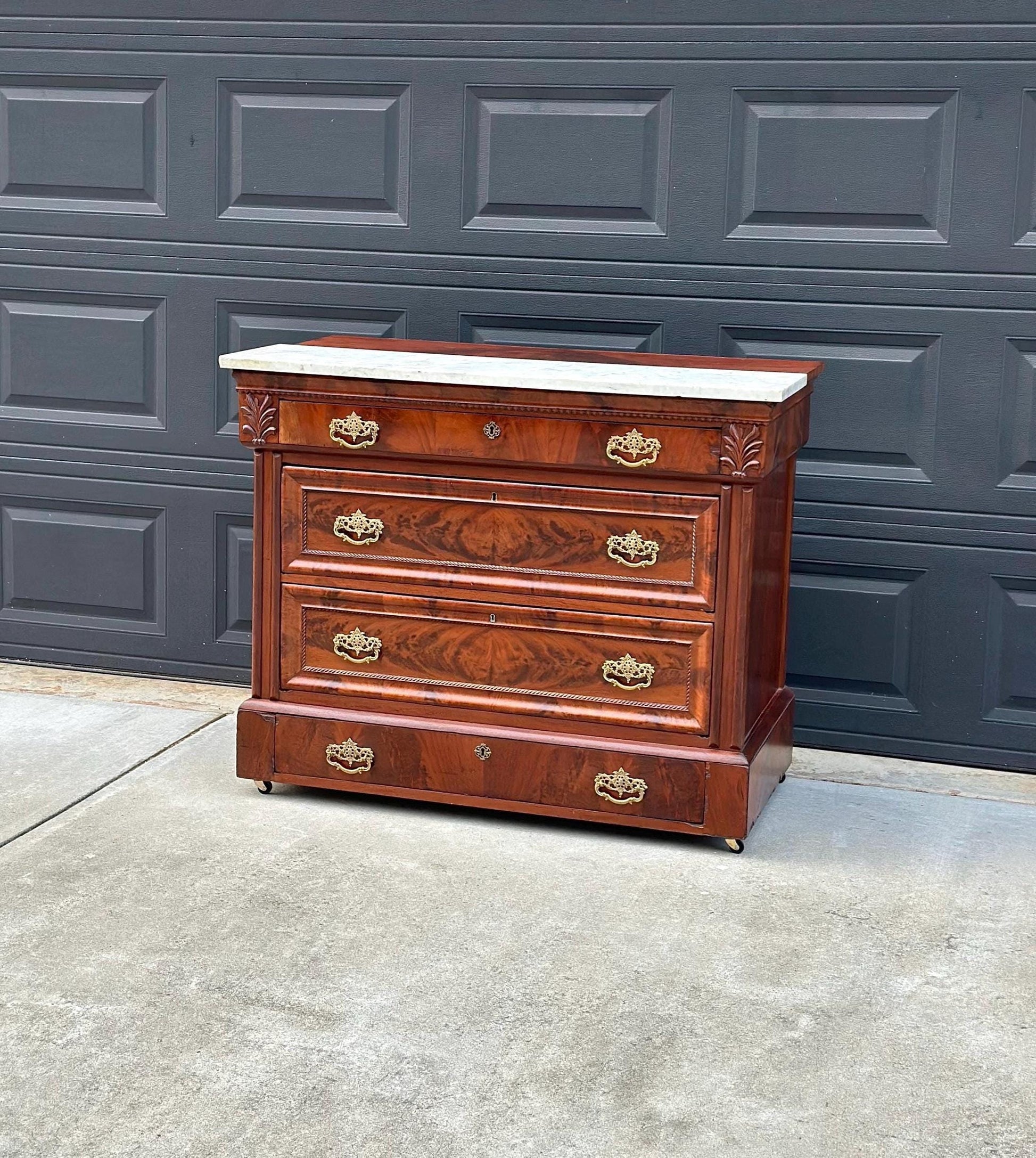 Antique Mid 1800's Crotch Mahogany Wood & White Marble Empire Chest of Drawers on Casters