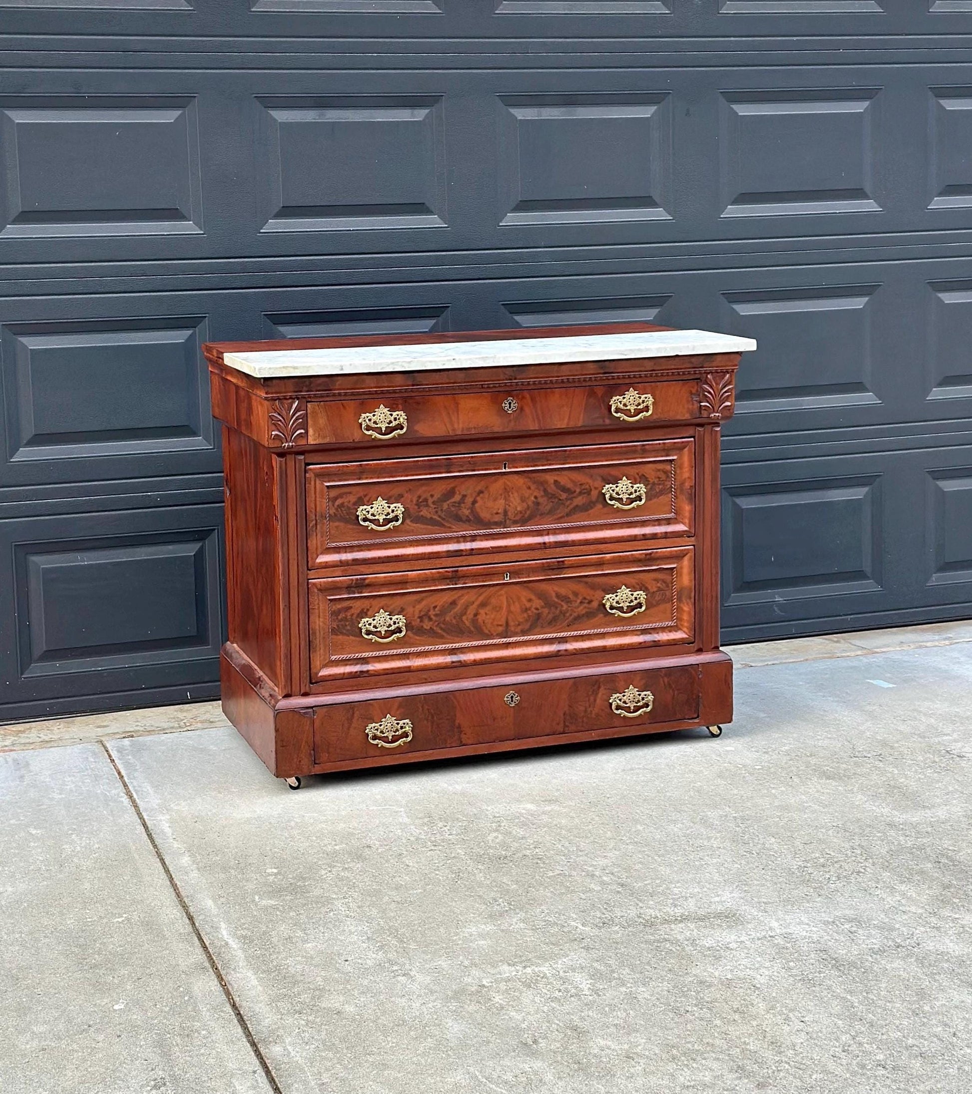 Antique Mid 1800's Crotch Mahogany Wood & White Marble Empire Chest of Drawers on Casters
