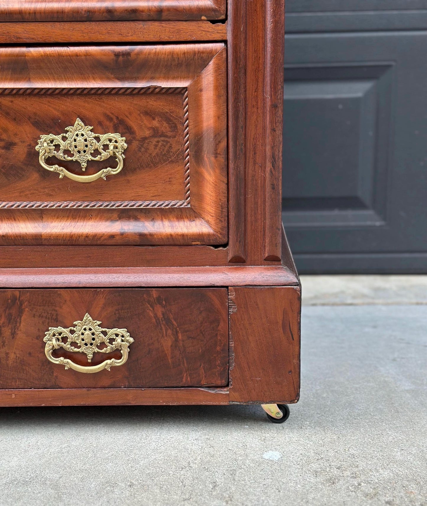 Antique Mid 1800's Crotch Mahogany Wood & White Marble Empire Chest of Drawers on Casters