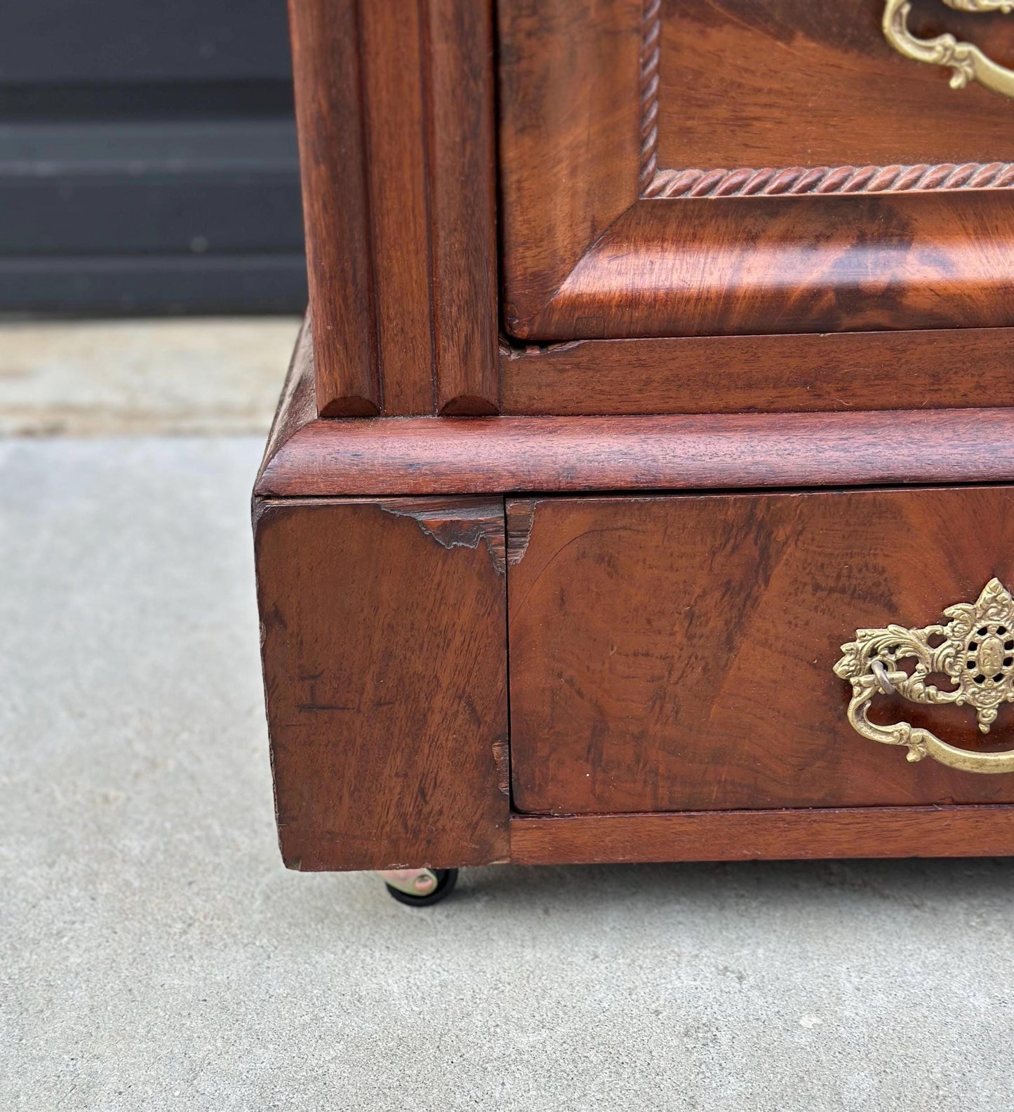 Antique Mid 1800's Crotch Mahogany Wood & White Marble Empire Chest of Drawers on Casters