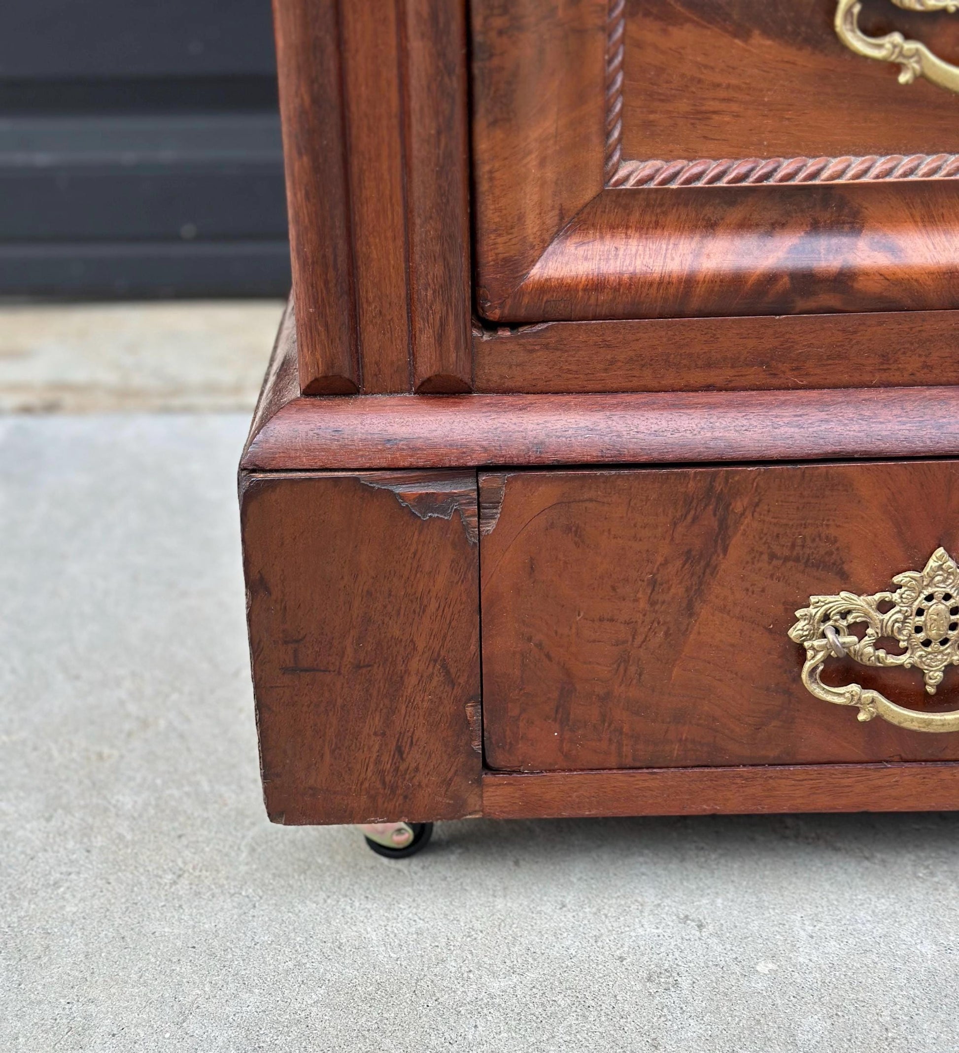 Antique Mid 1800's Crotch Mahogany Wood & White Marble Empire Chest of Drawers on Casters