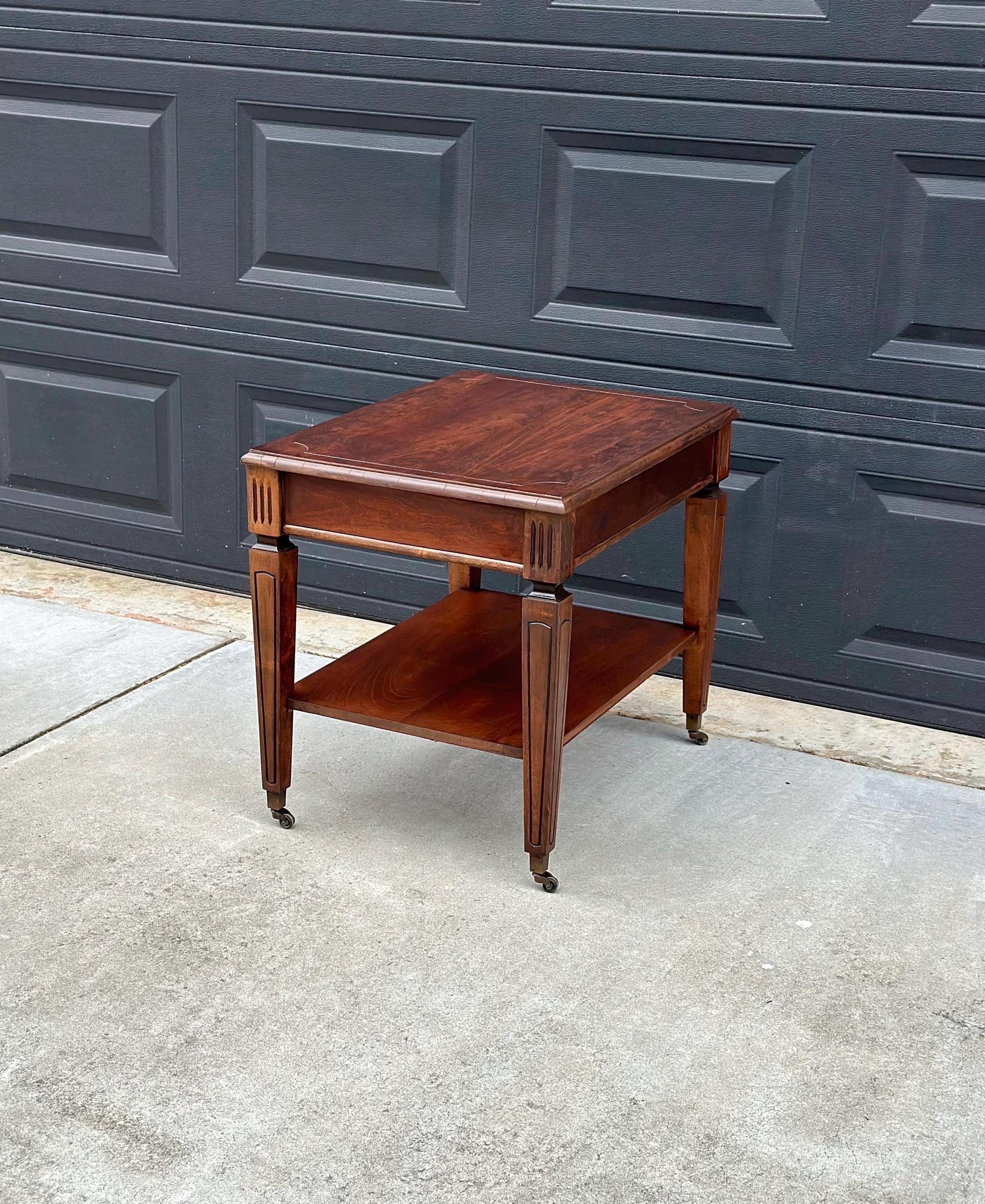 Antique Early 1900's Mahogany Wood Two Tier Open Shelf Fluted Side Table on Casters