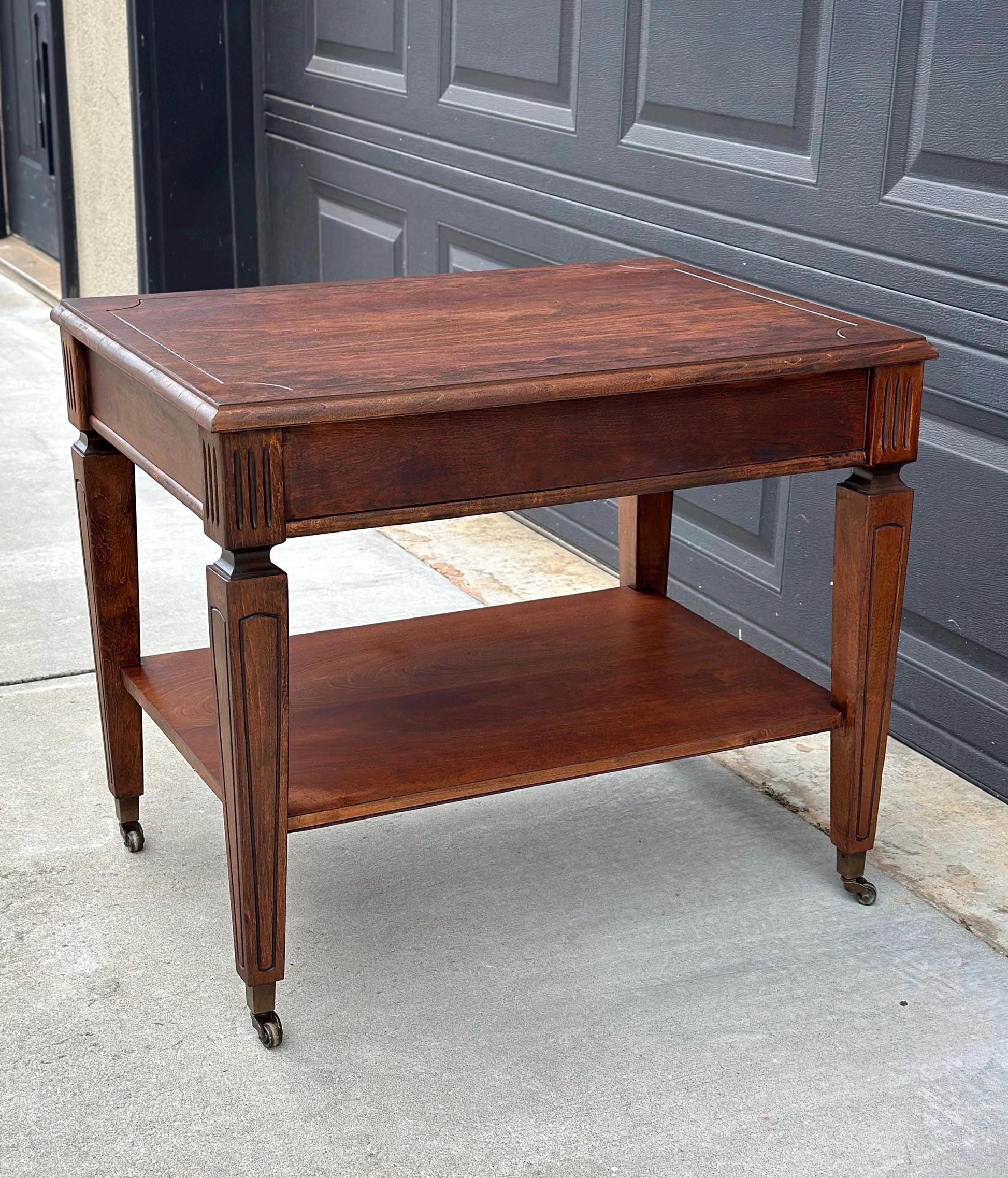Antique Early 1900's Mahogany Wood Two Tier Open Shelf Fluted Side Table on Casters