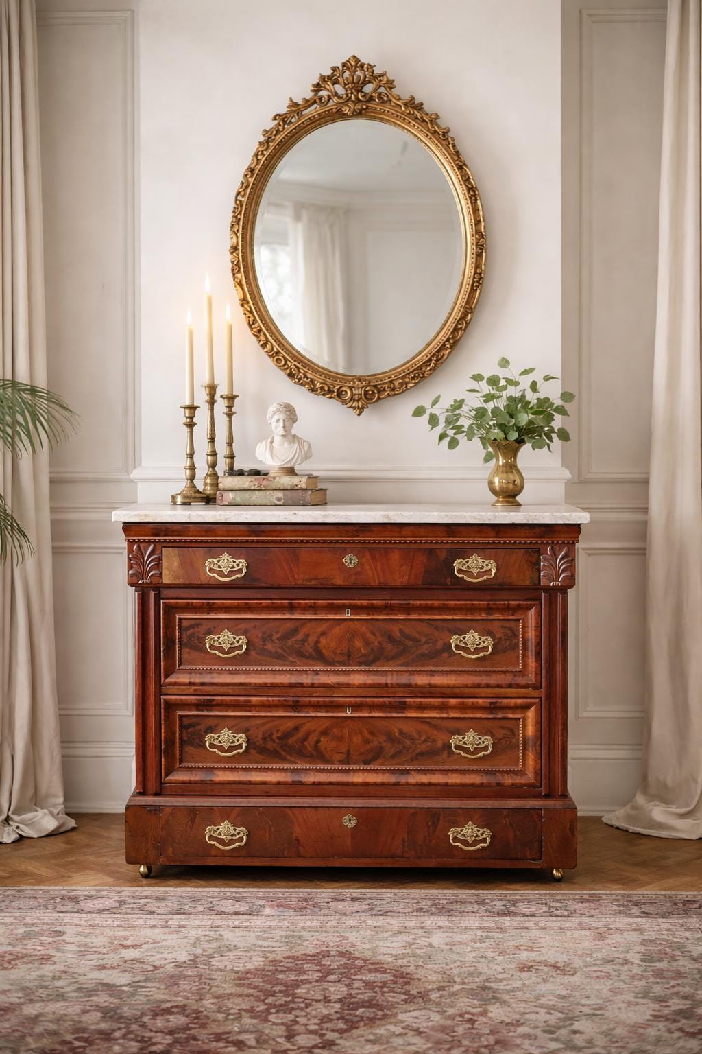 Antique Mid 1800's Crotch Mahogany Wood & White Marble Empire Chest of Drawers on Casters