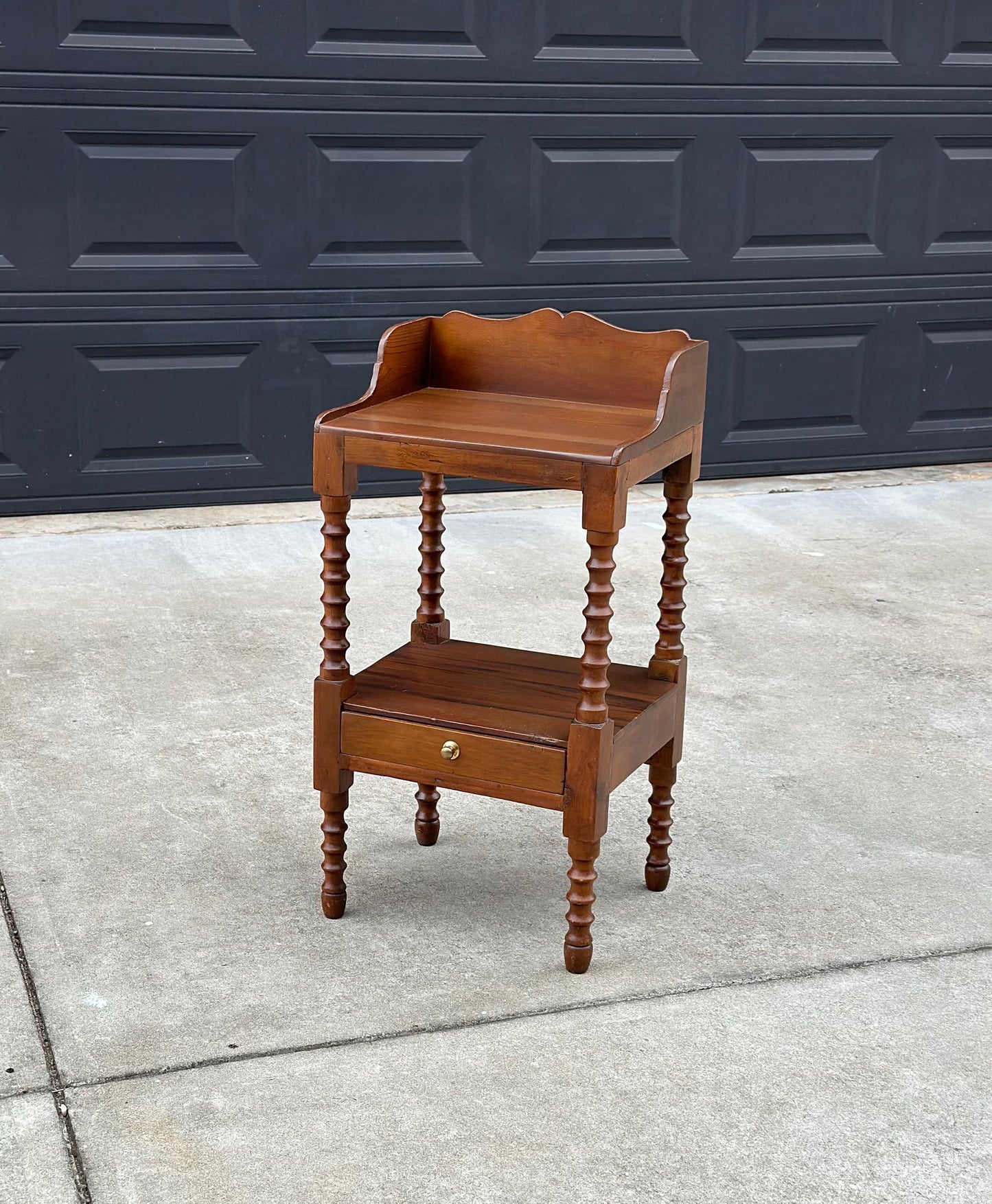 Antique Early 1900's Spindle Leg Solid Wood Two Tier Single Drawer Side Table