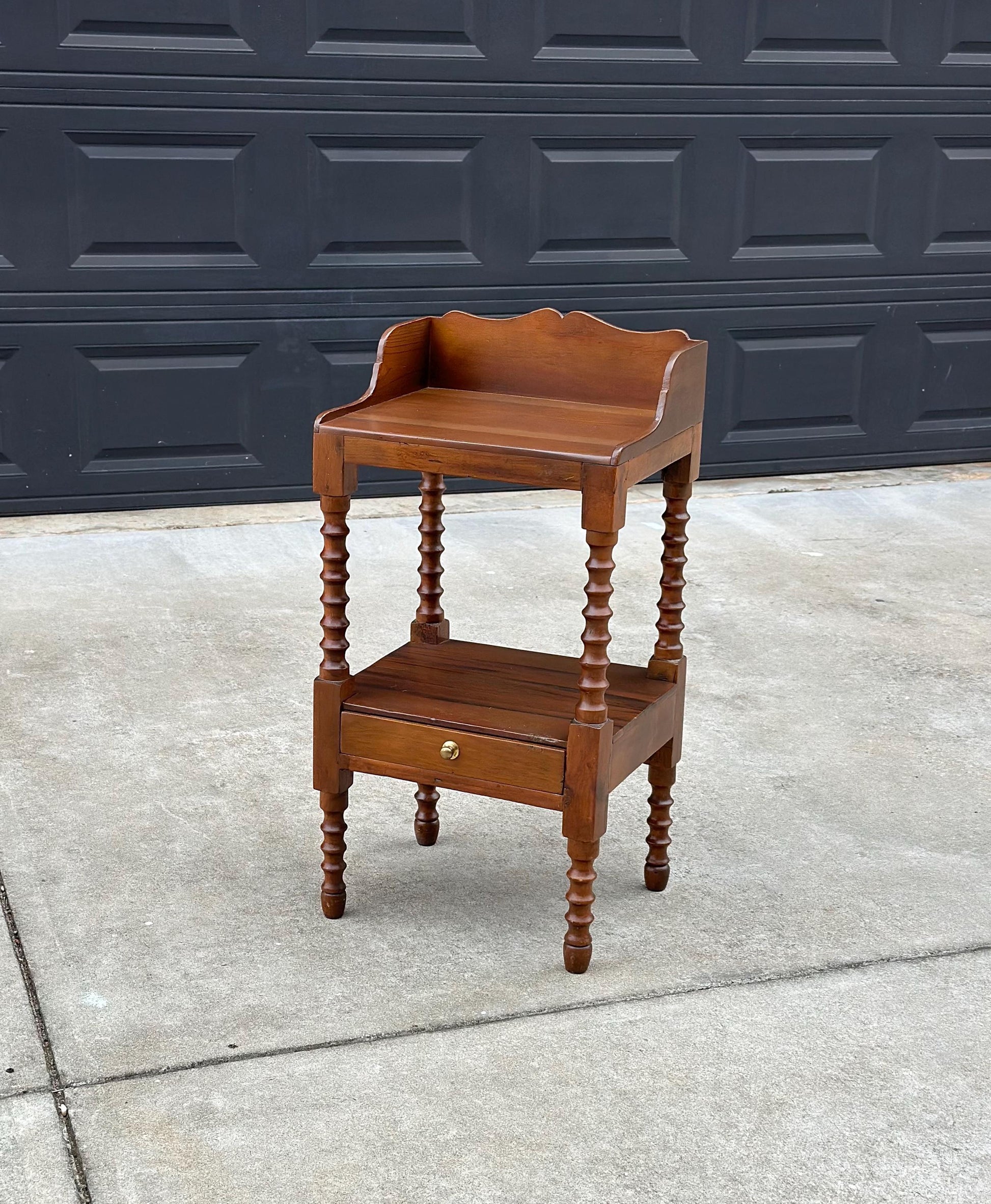 Antique Early 1900's Spindle Leg Solid Wood Two Tier Single Drawer Side Table