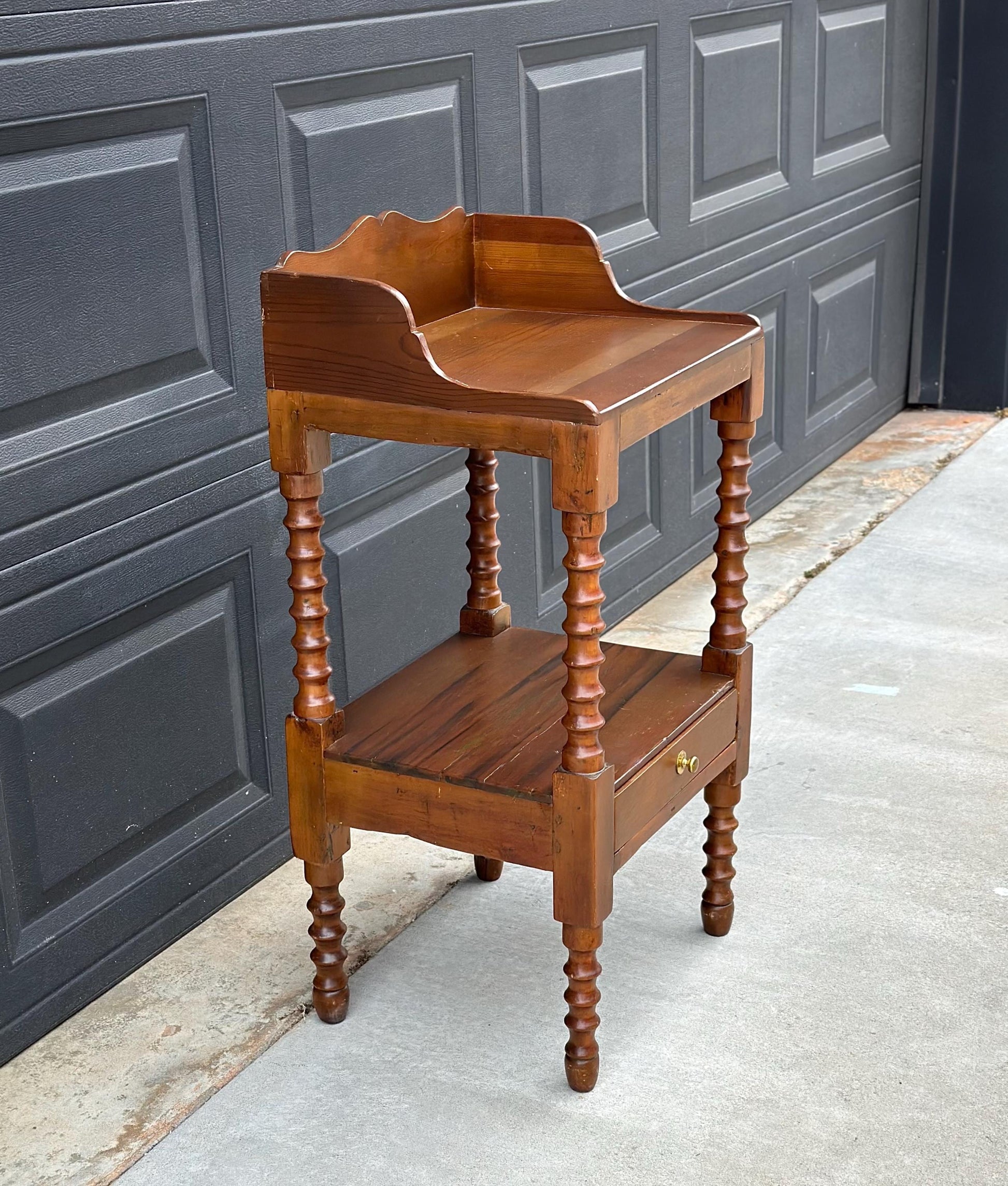 Antique Early 1900's Spindle Leg Solid Wood Two Tier Single Drawer Side Table