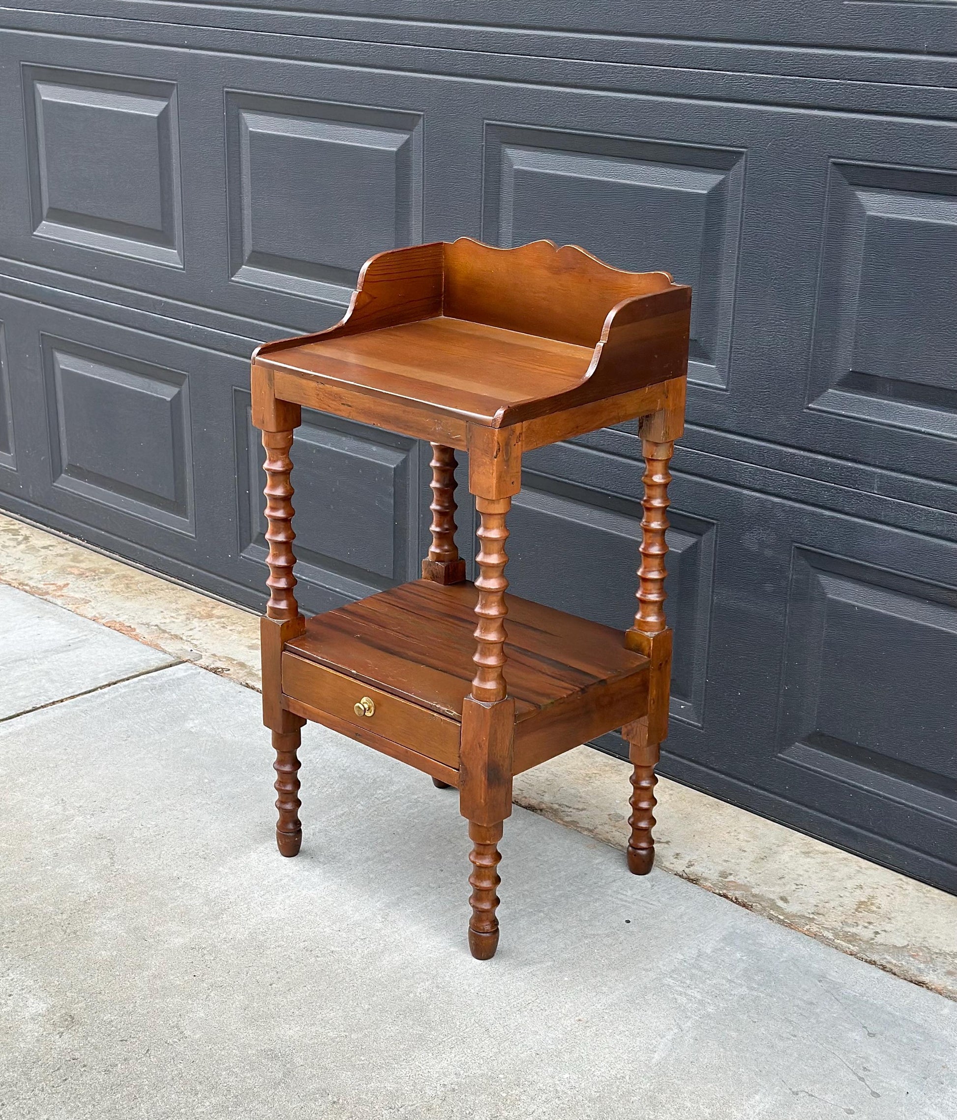 Antique Early 1900's Spindle Leg Solid Wood Two Tier Single Drawer Side Table