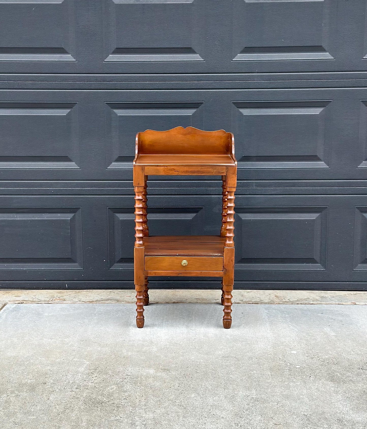 Antique Early 1900's Spindle Leg Solid Wood Two Tier Single Drawer Side Table